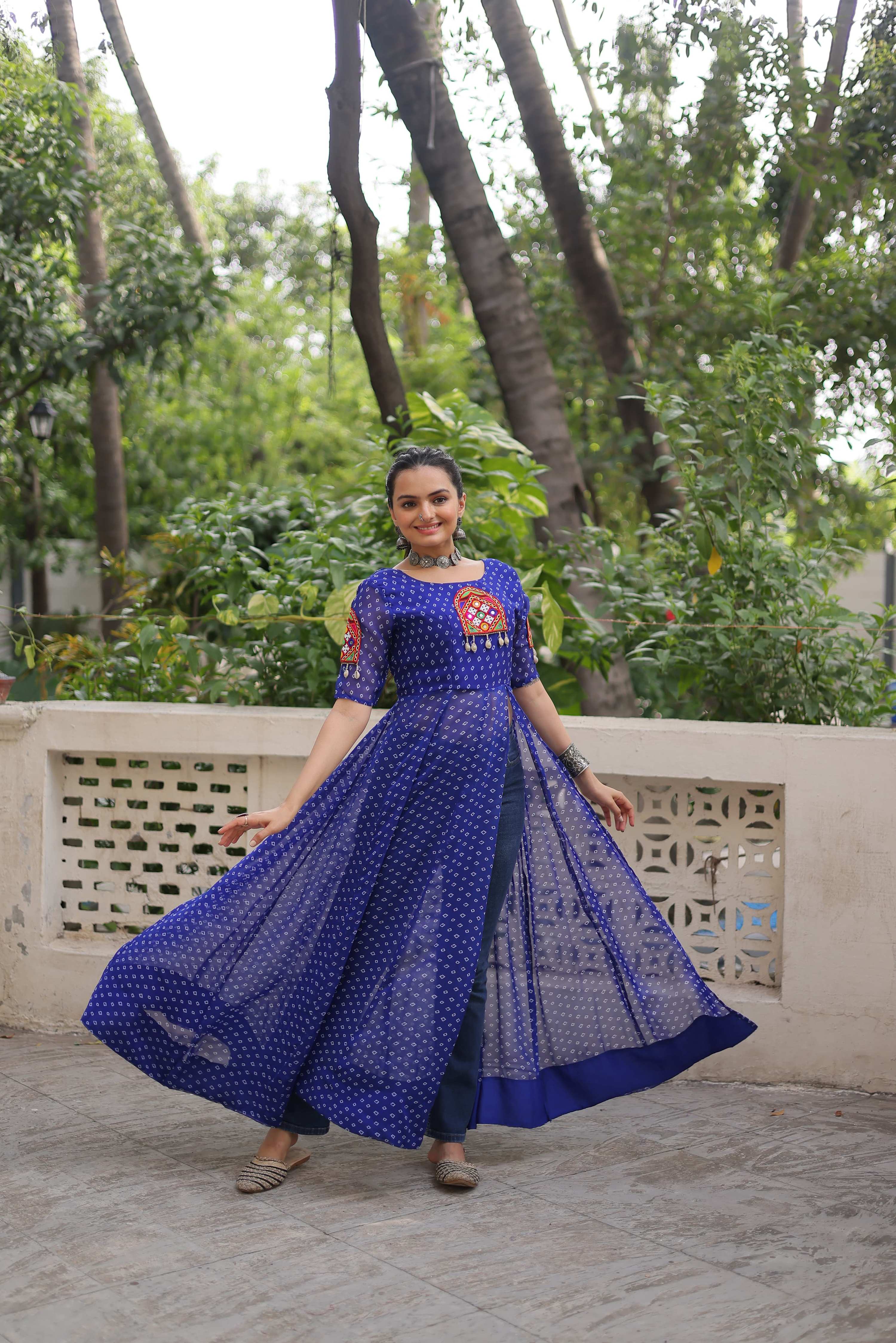 Prazu Fashion Blue Georgette Bandhani Print With Kutchi Patch work Navaratri Kurti - Distacart
