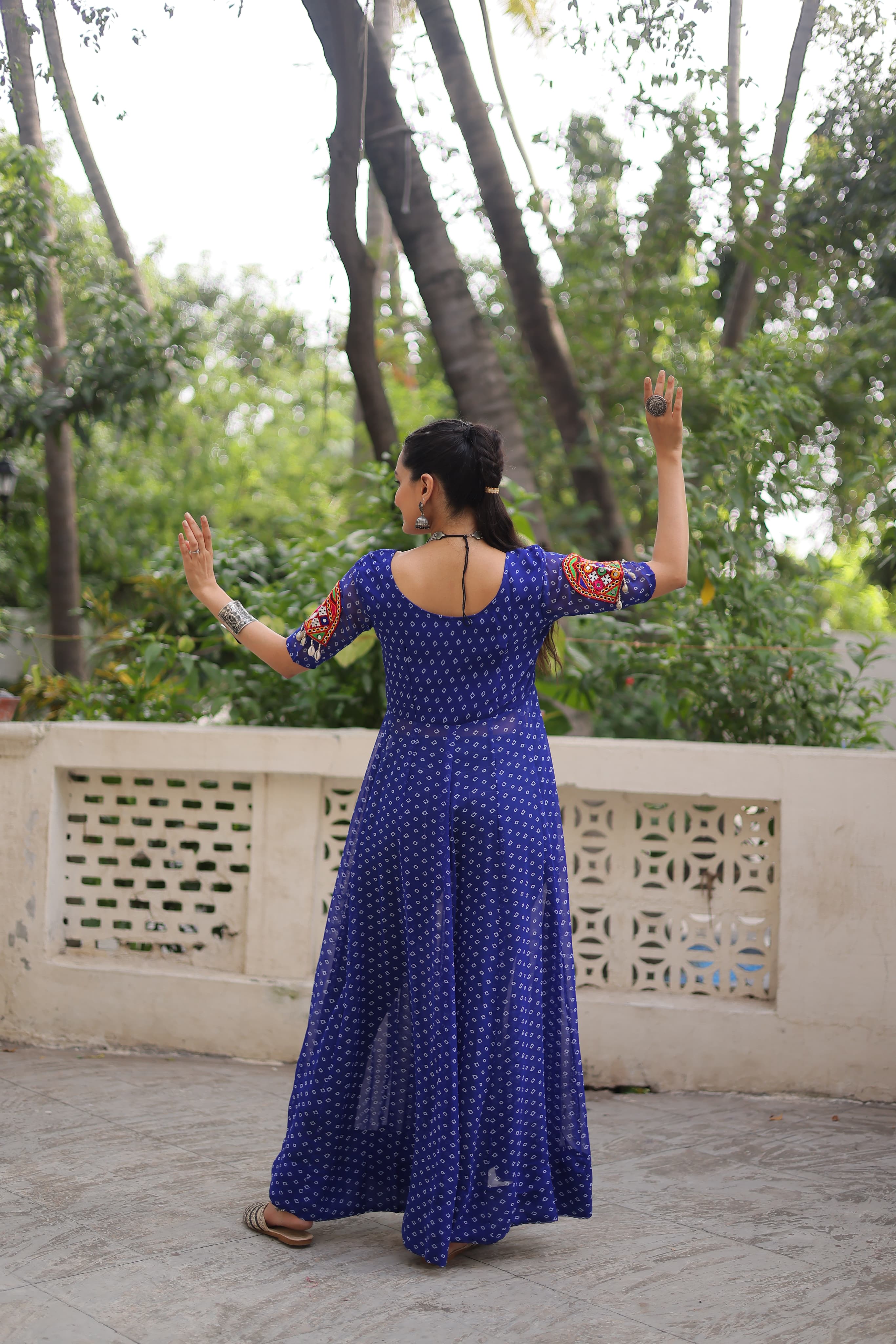 Prazu Fashion Blue Georgette Bandhani Print With Kutchi Patch work Navaratri Kurti - Distacart
