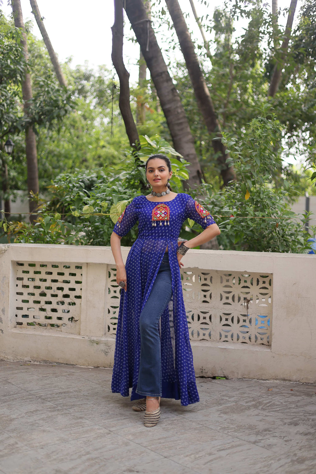 Prazu Fashion Blue Georgette Bandhani Print With Kutchi Patch work Navaratri Kurti - Distacart