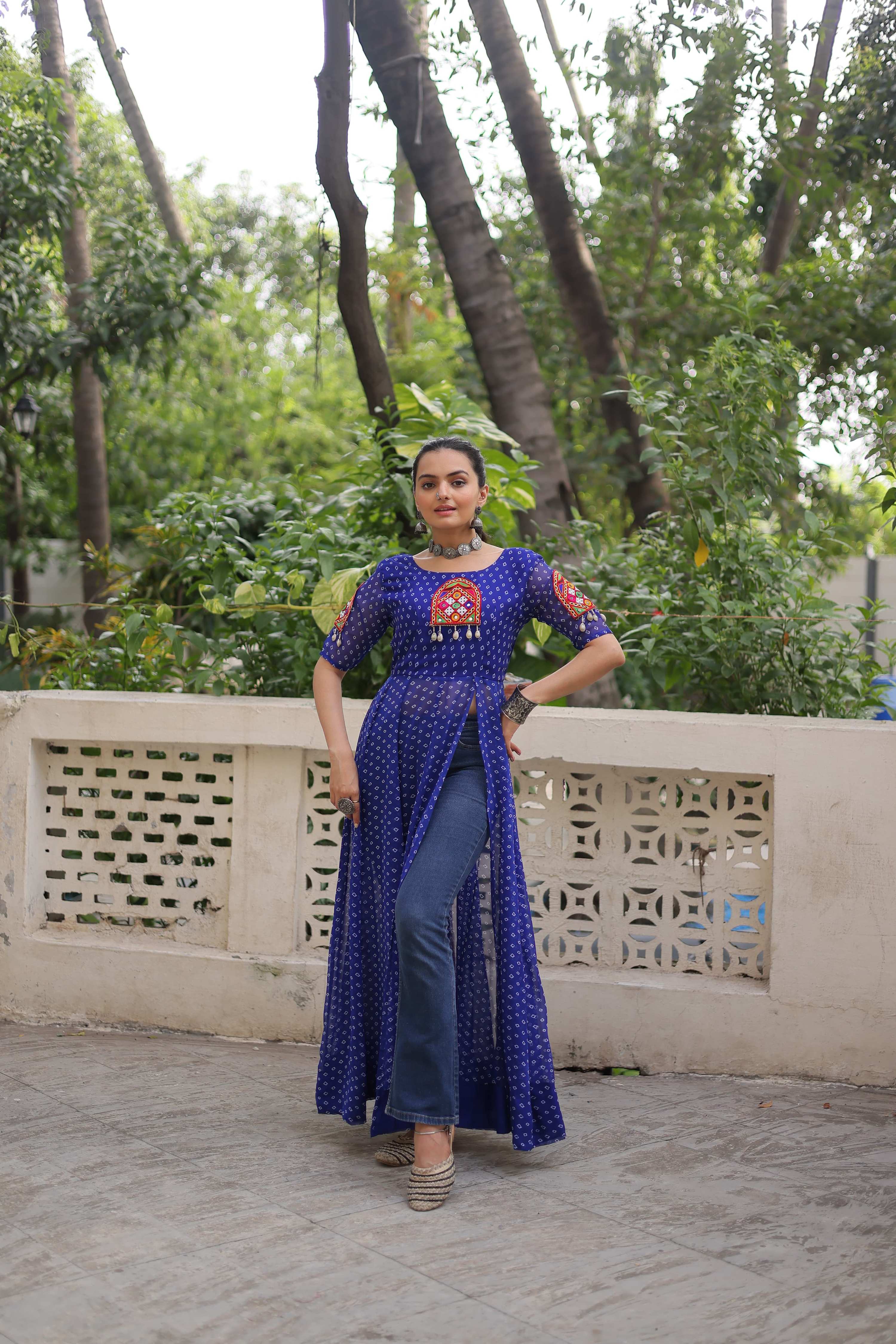 Prazu Fashion Blue Georgette Bandhani Print With Kutchi Patch work Navaratri Kurti - Distacart