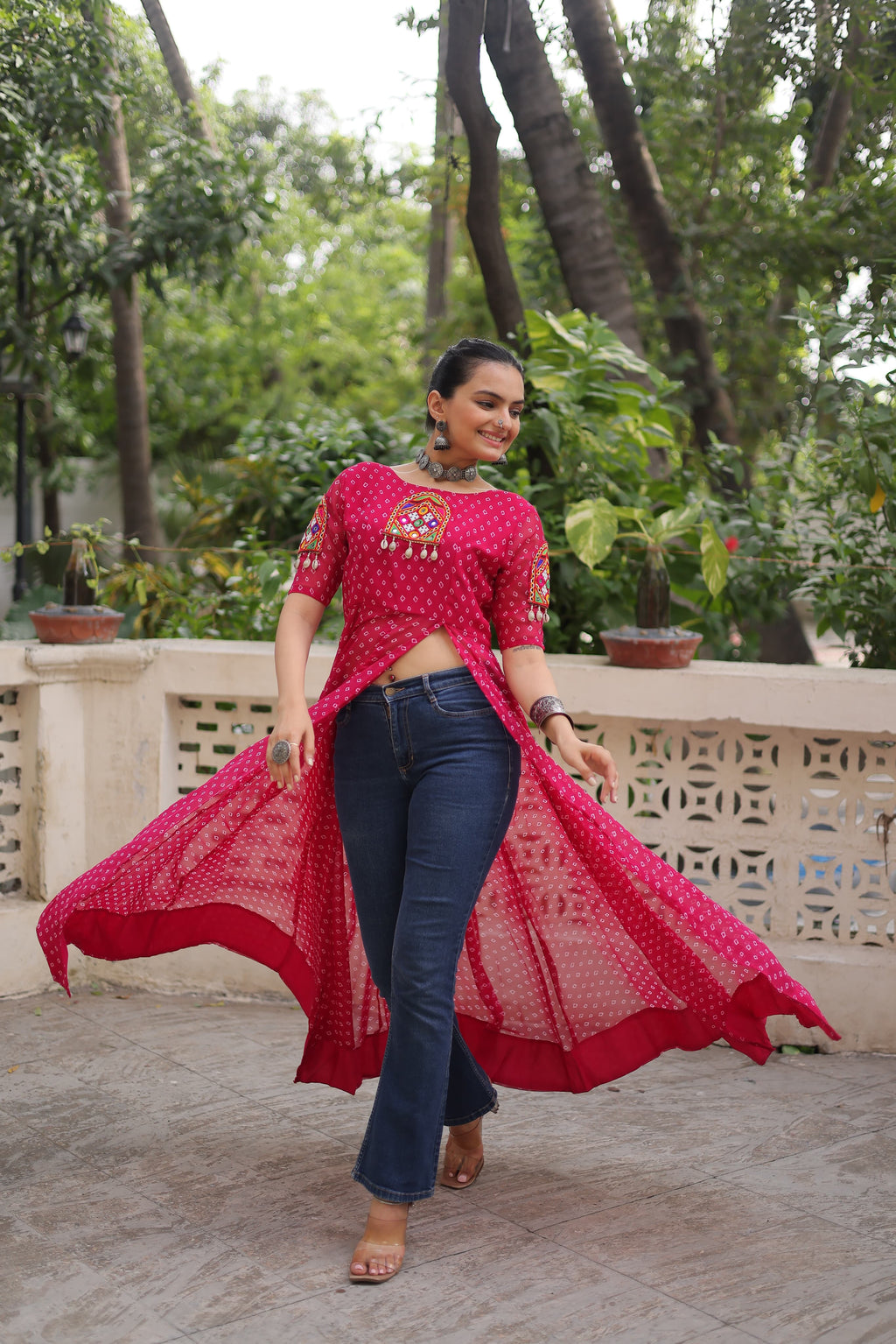Prazu Fashion Pink Georgette Bandhani Print With Kutchi Patch work Navaratri Kurti - Distacart