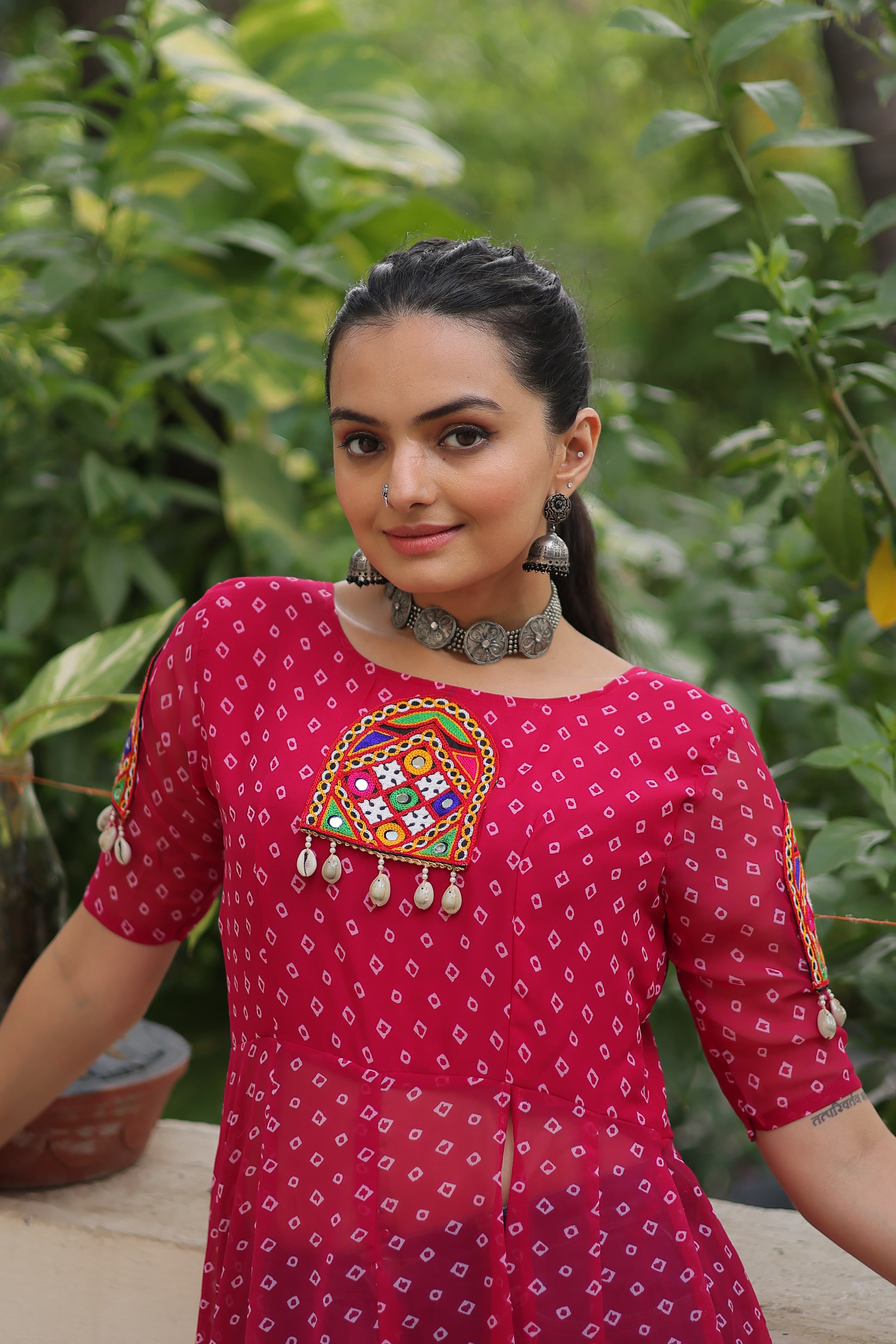 Prazu Fashion Pink Georgette Bandhani Print With Kutchi Patch work Navaratri Kurti - Distacart
