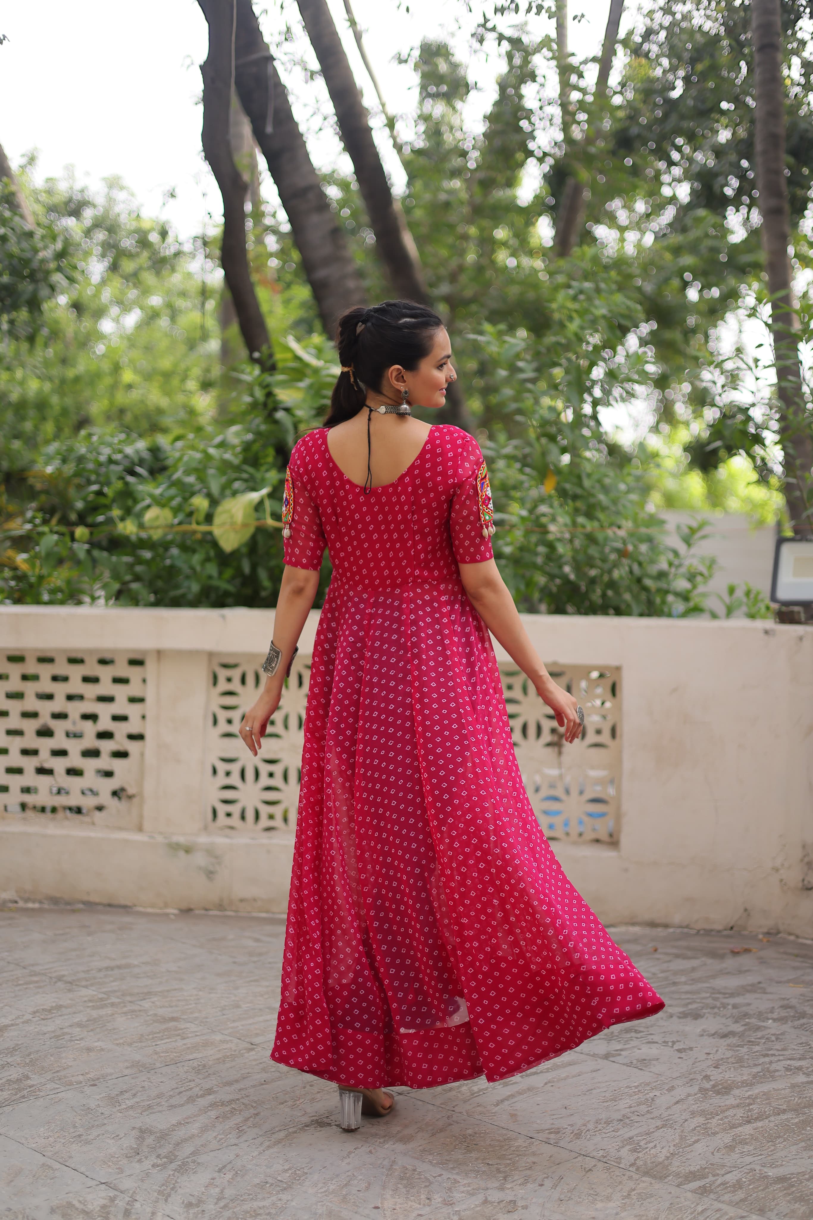 Prazu Fashion Pink Georgette Bandhani Print With Kutchi Patch work Navaratri Kurti - Distacart