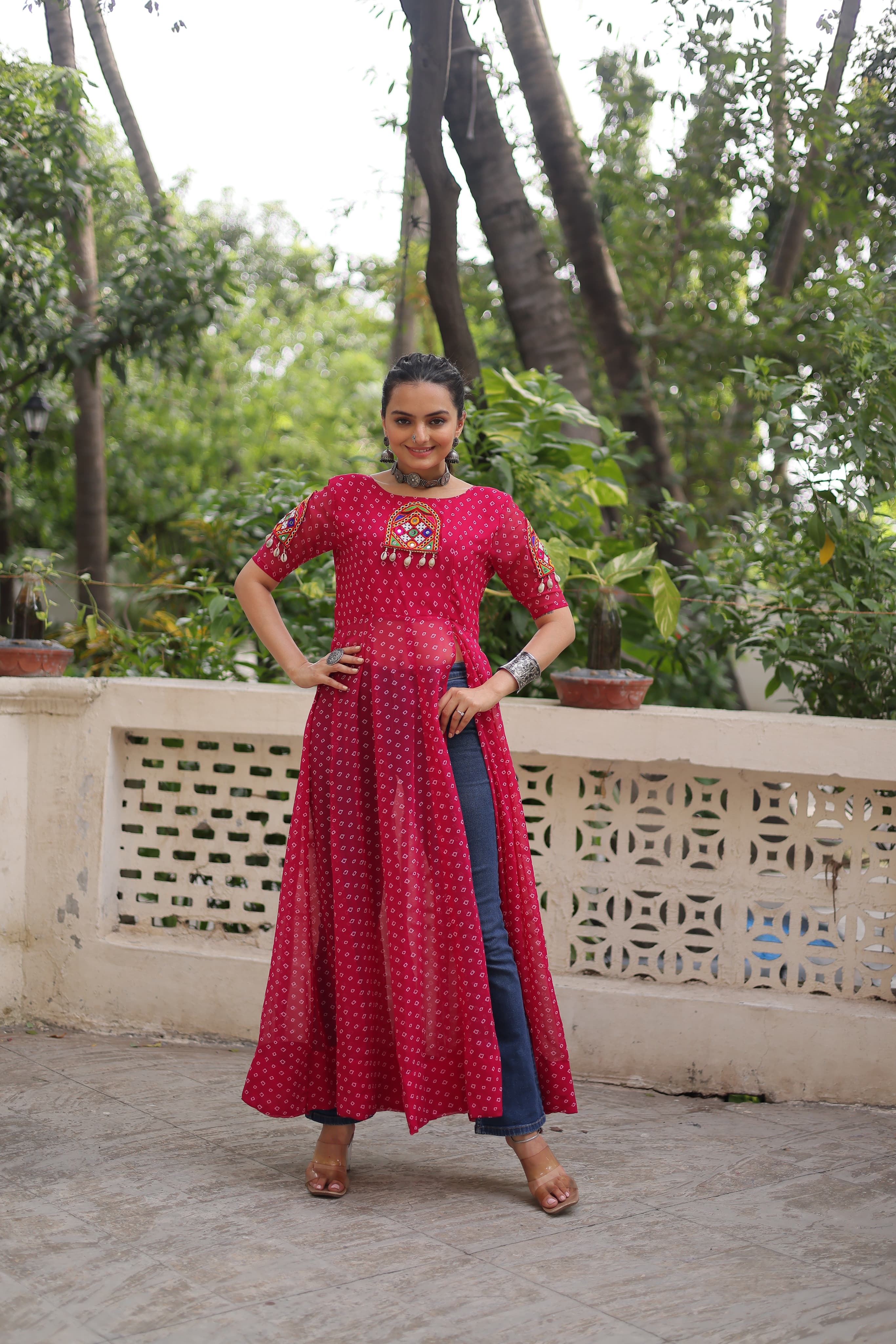 Prazu Fashion Pink Georgette Bandhani Print With Kutchi Patch work Navaratri Kurti - Distacart