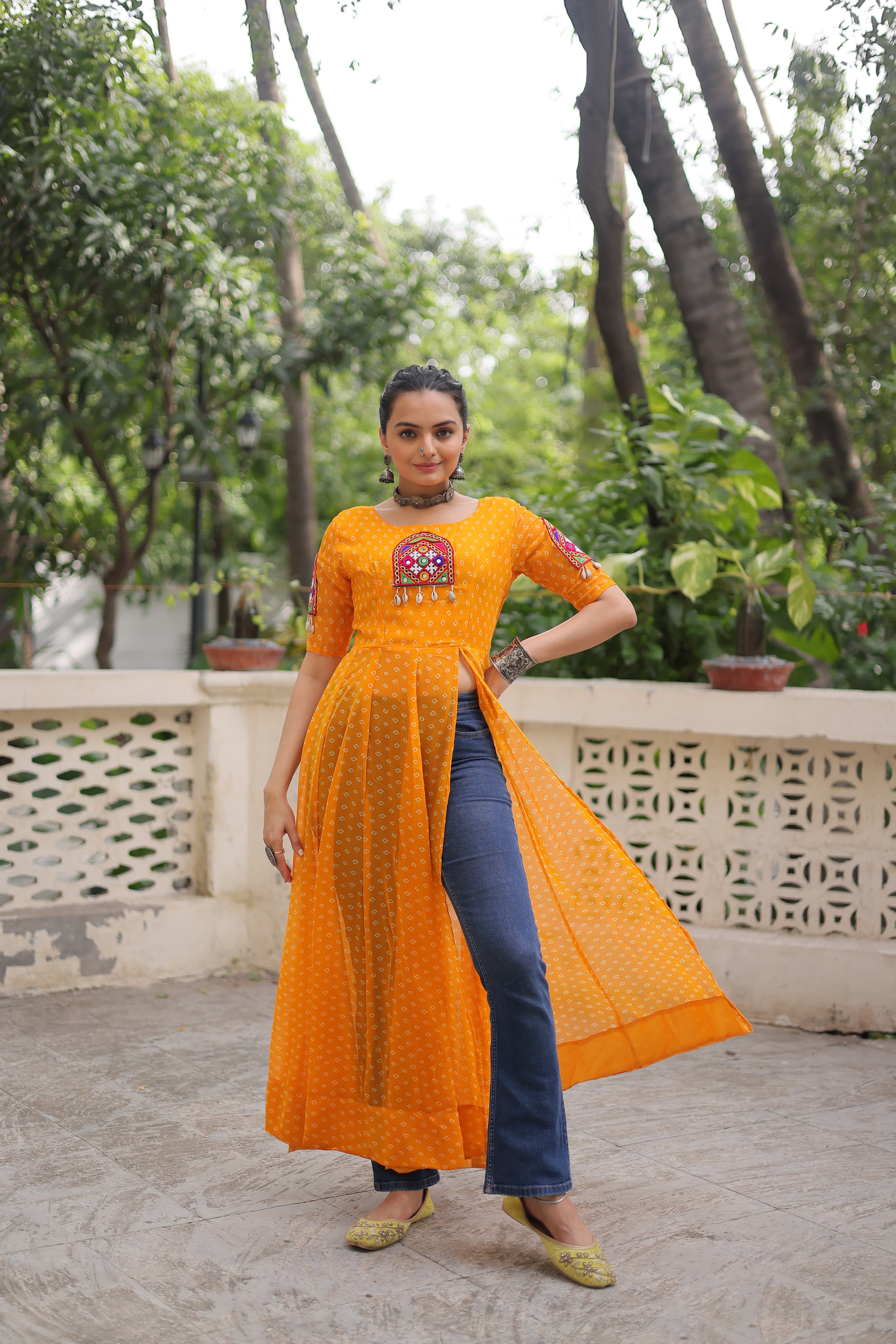 Prazu Fashion Yellow Georgette Bandhani Print With Kutchi Patch Work Navaratri Kurti - Distacart