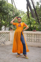 Prazu Fashion Yellow Georgette Bandhani Print With Kutchi Patch Work Navaratri Kurti - Distacart