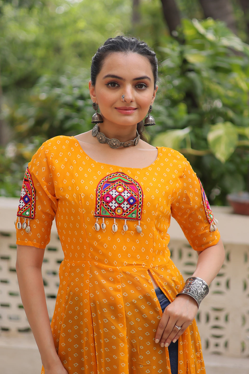 Prazu Fashion Yellow Georgette Bandhani Print With Kutchi Patch Work Navaratri Kurti - Distacart