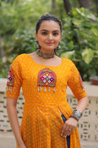Prazu Fashion Yellow Georgette Bandhani Print With Kutchi Patch Work Navaratri Kurti - Distacart