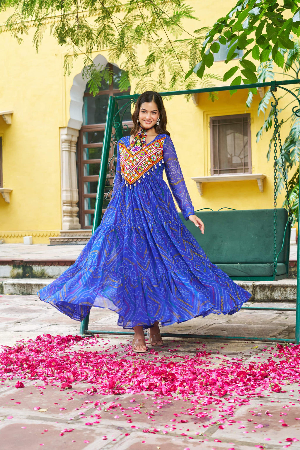 Prazu Fashion Blue Georgette Bandhani Print With Kutchi Patch work Navaratri Kurti - Distacart