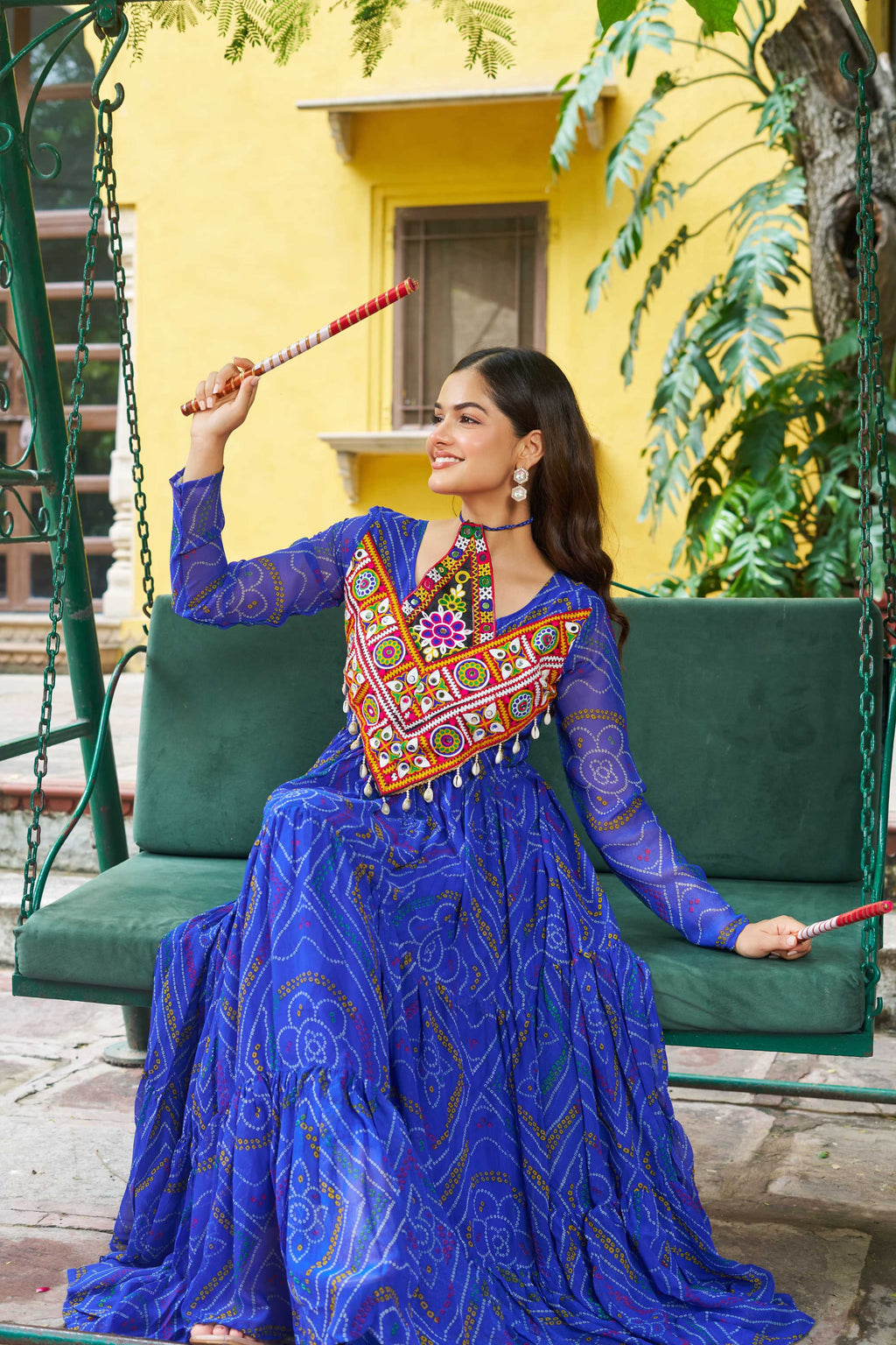 Prazu Fashion Blue Georgette Bandhani Print With Kutchi Patch work Navaratri Kurti - Distacart