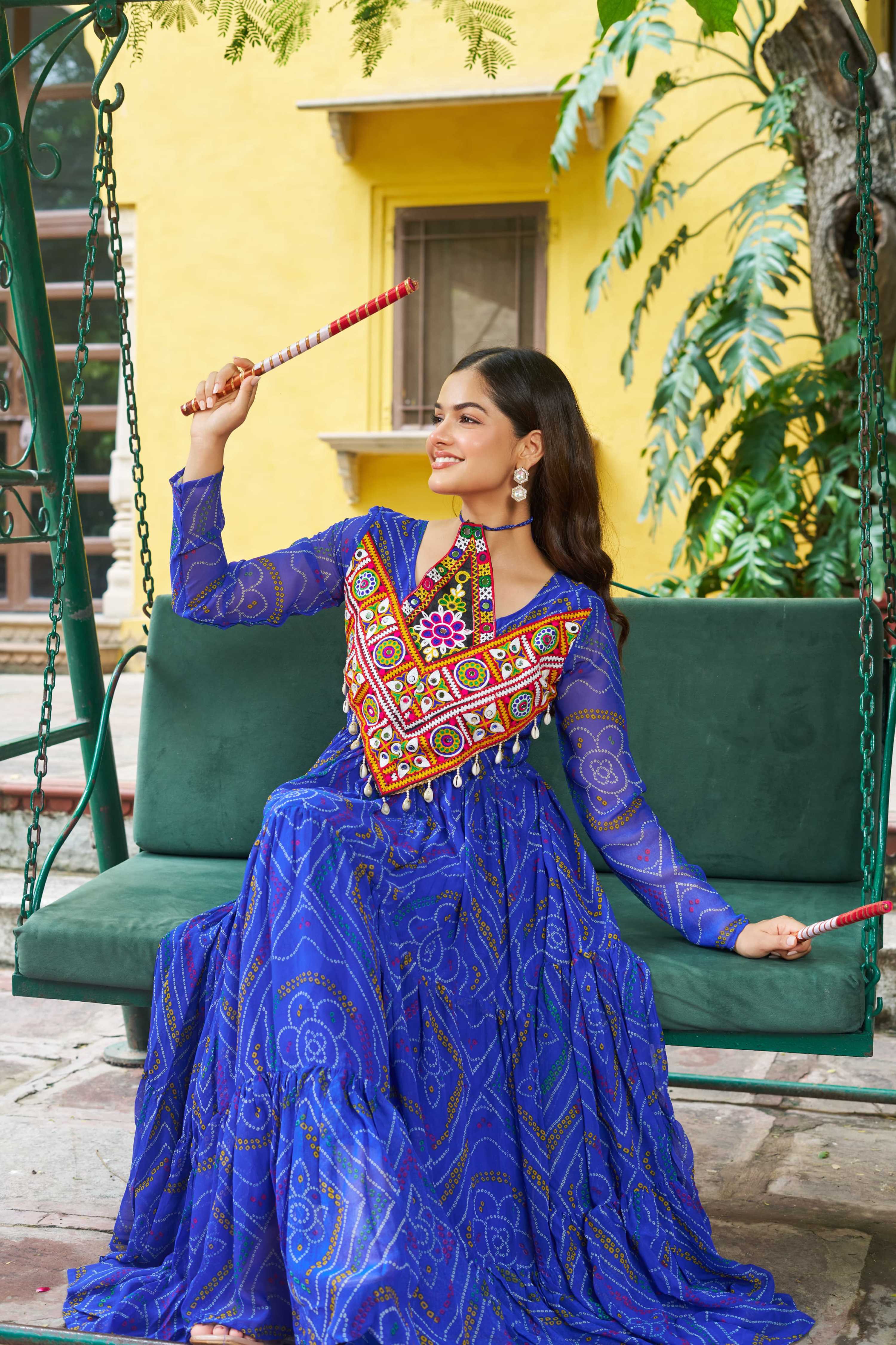 Prazu Fashion Blue Georgette Bandhani Print With Kutchi Patch work Navaratri Kurti - Distacart