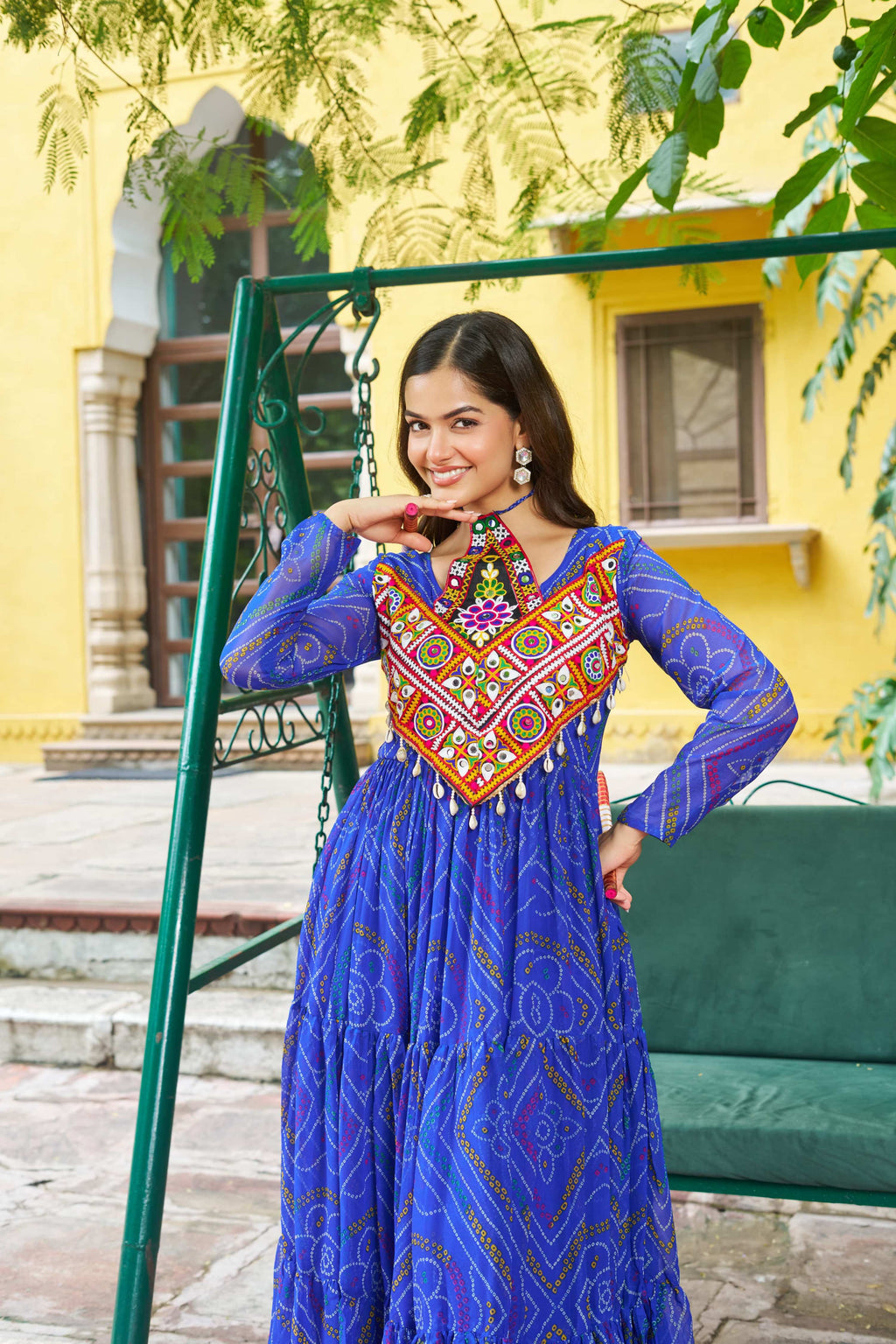Prazu Fashion Blue Georgette Bandhani Print With Kutchi Patch work Navaratri Kurti - Distacart