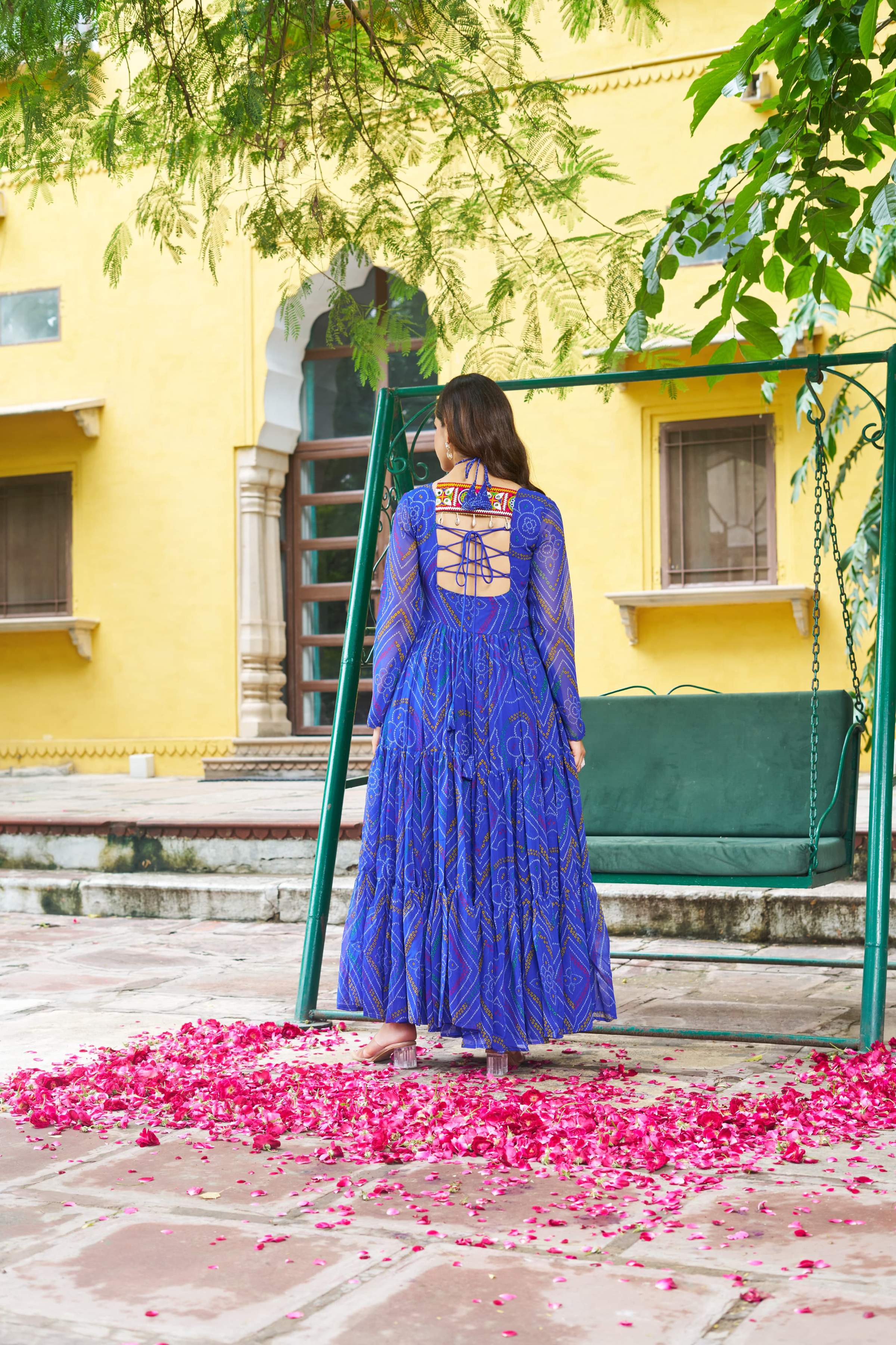Prazu Fashion Blue Georgette Bandhani Print With Kutchi Patch work Navaratri Kurti - Distacart