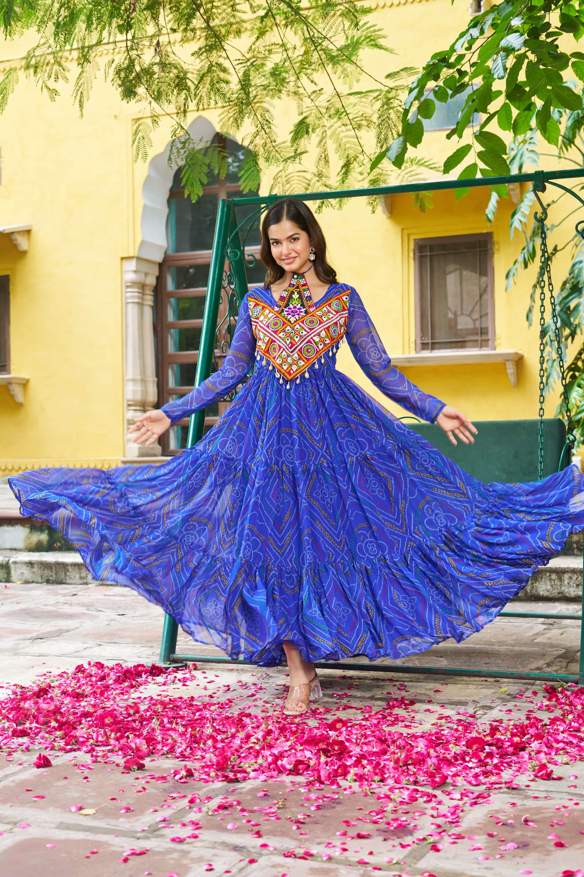 Prazu Fashion Blue Georgette Bandhani Print With Kutchi Patch work Navaratri Kurti - Distacart