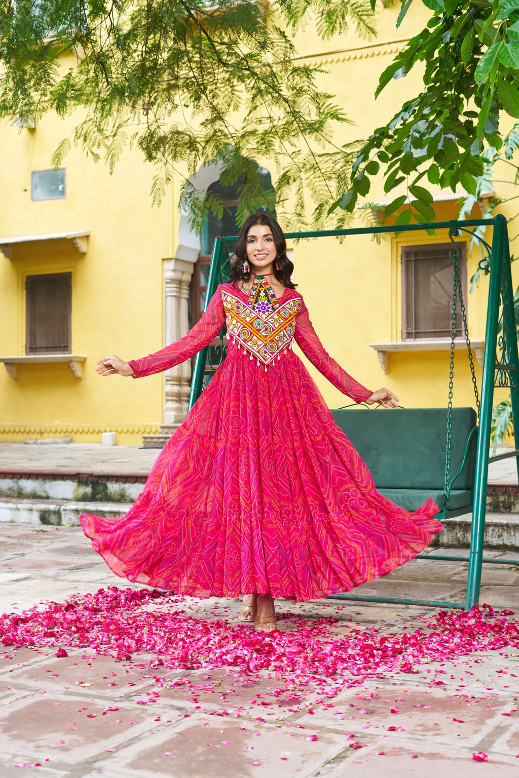 Prazu Fashion Pink Georgette Bandhani Print With Kutchi Patch work Navaratri Kurti - Distacart