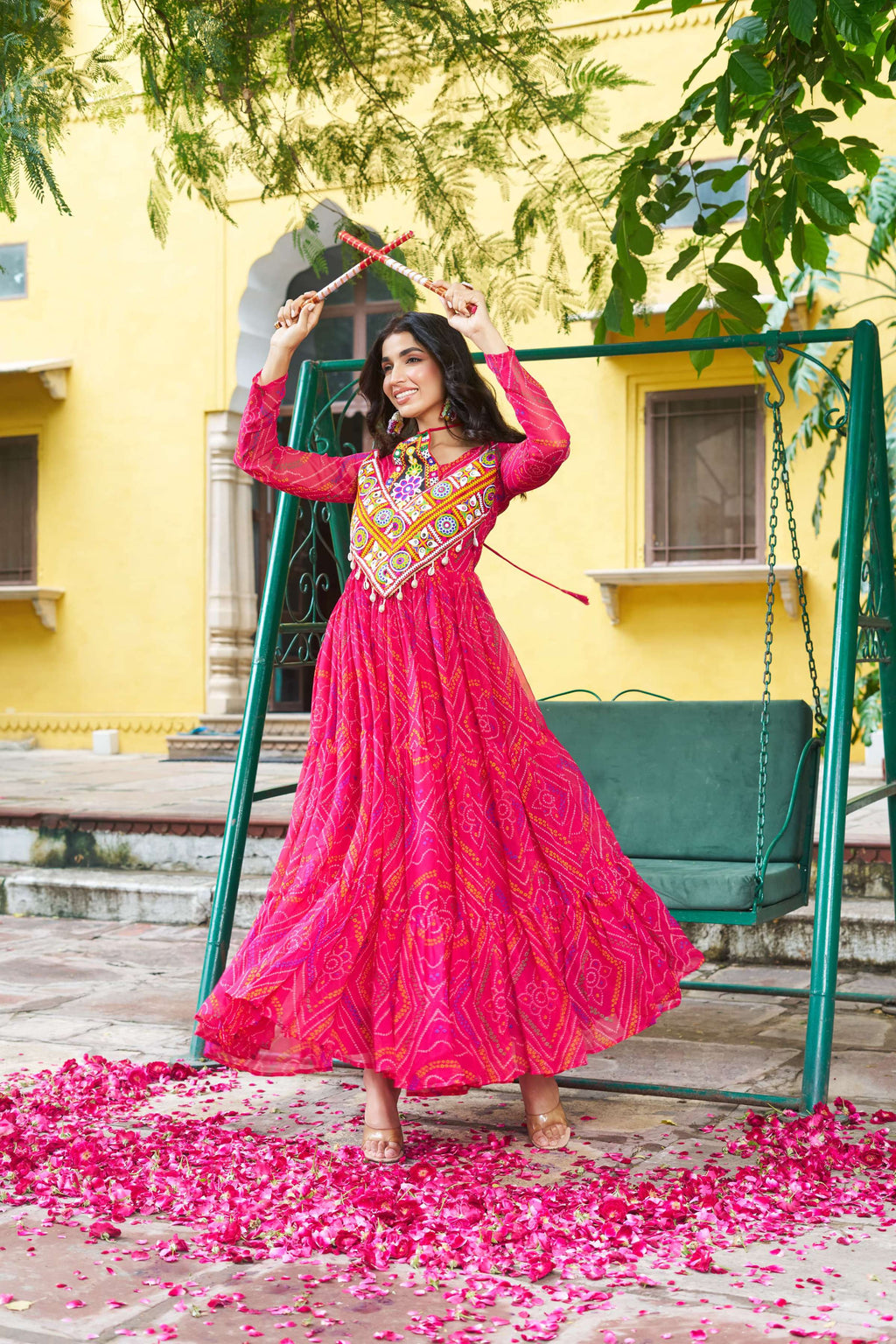 Prazu Fashion Pink Georgette Bandhani Print With Kutchi Patch work Navaratri Kurti - Distacart