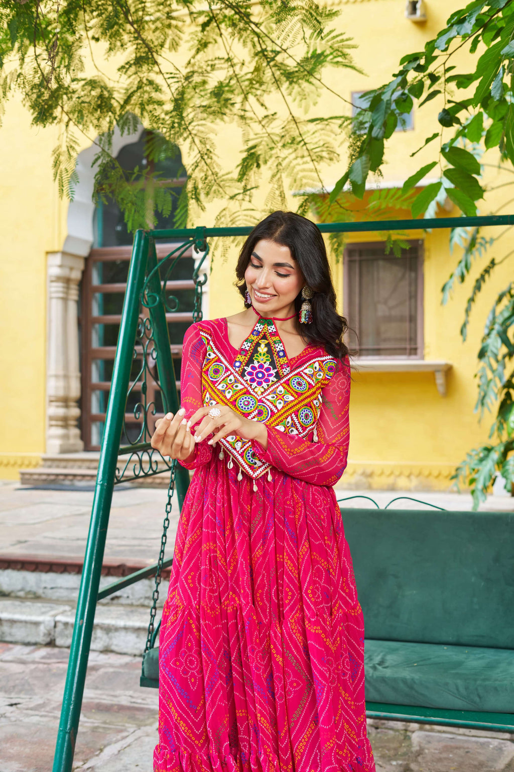 Prazu Fashion Pink Georgette Bandhani Print With Kutchi Patch work Navaratri Kurti - Distacart