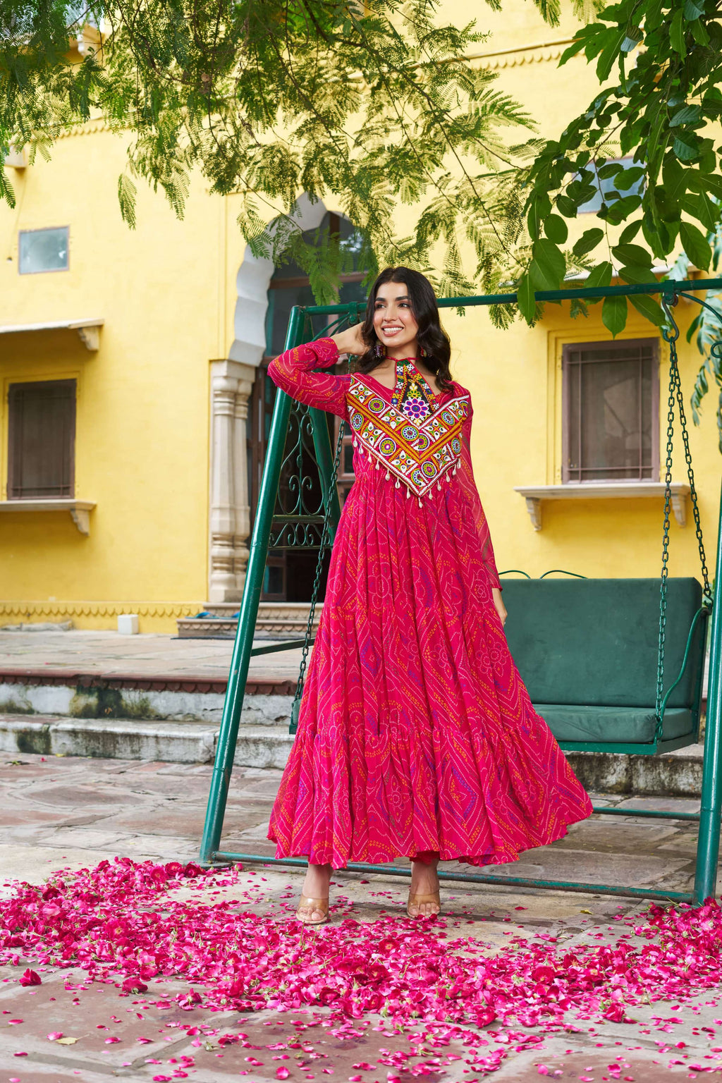 Prazu Fashion Pink Georgette Bandhani Print With Kutchi Patch work Navaratri Kurti - Distacart