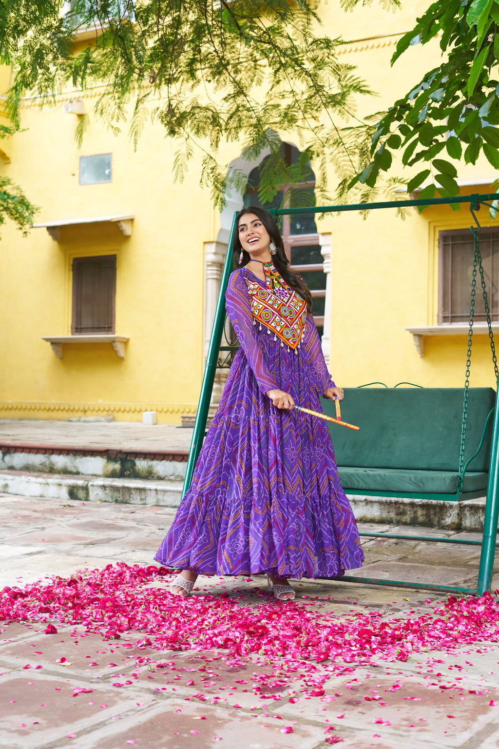 Prazu Fashion Violet Georgette Bandhani Print With Kutchi Patch work Navaratri Kurti - Distacart