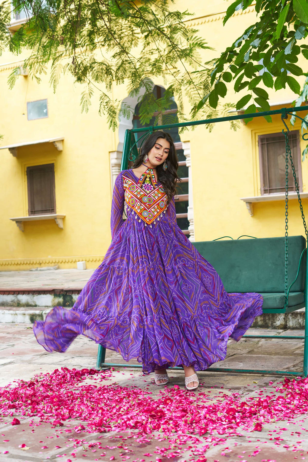 Prazu Fashion Violet Georgette Bandhani Print With Kutchi Patch work Navaratri Kurti - Distacart
