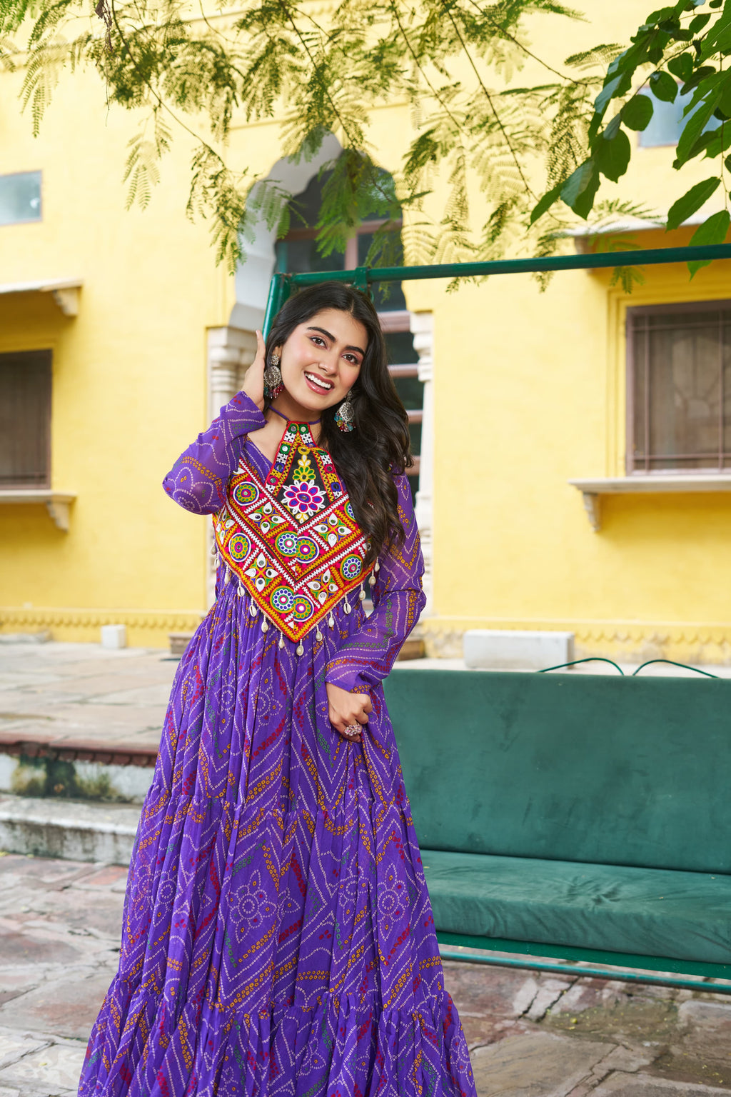 Prazu Fashion Violet Georgette Bandhani Print With Kutchi Patch work Navaratri Kurti - Distacart