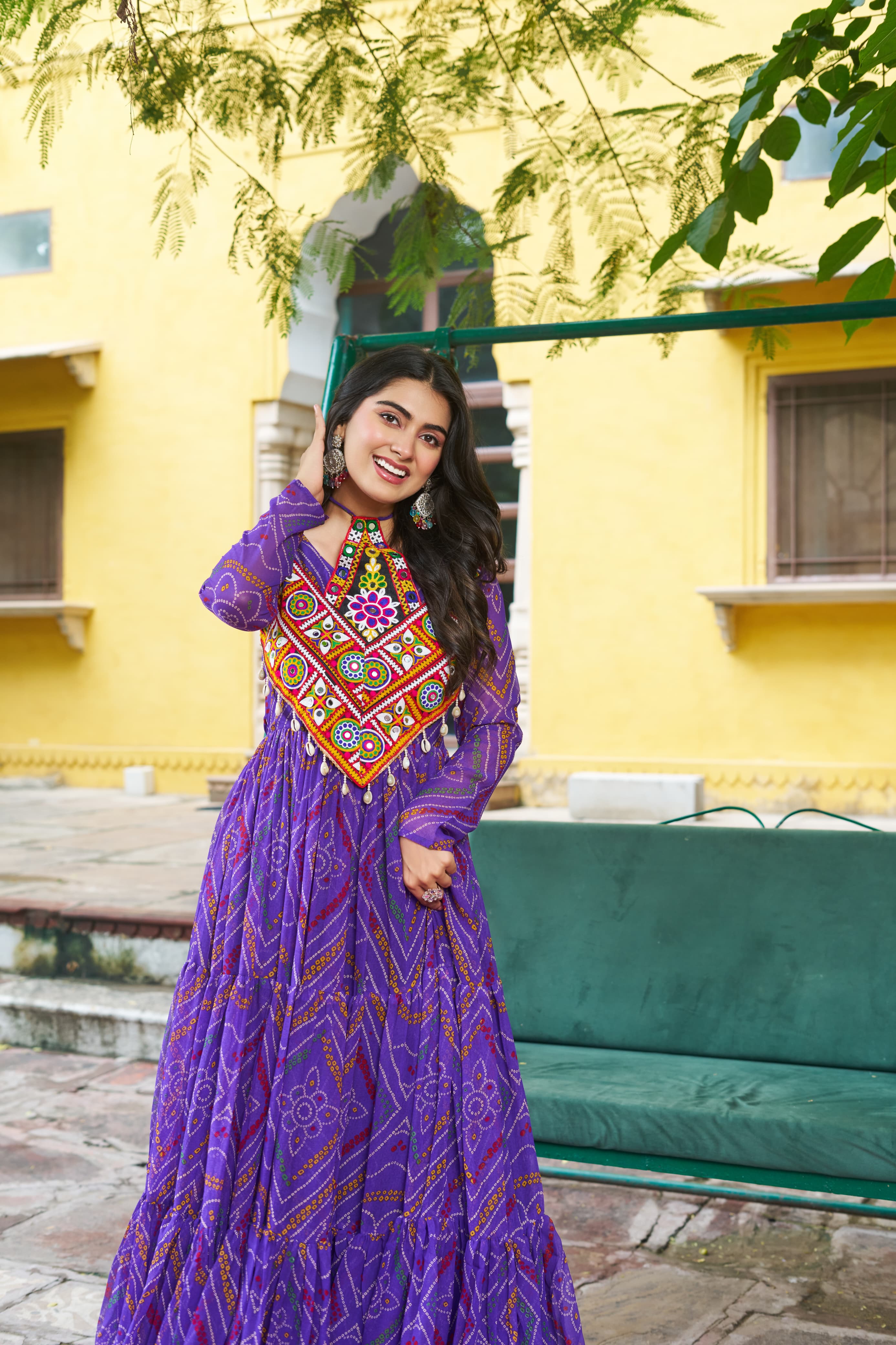 Prazu Fashion Violet Georgette Bandhani Print With Kutchi Patch work Navaratri Kurti - Distacart