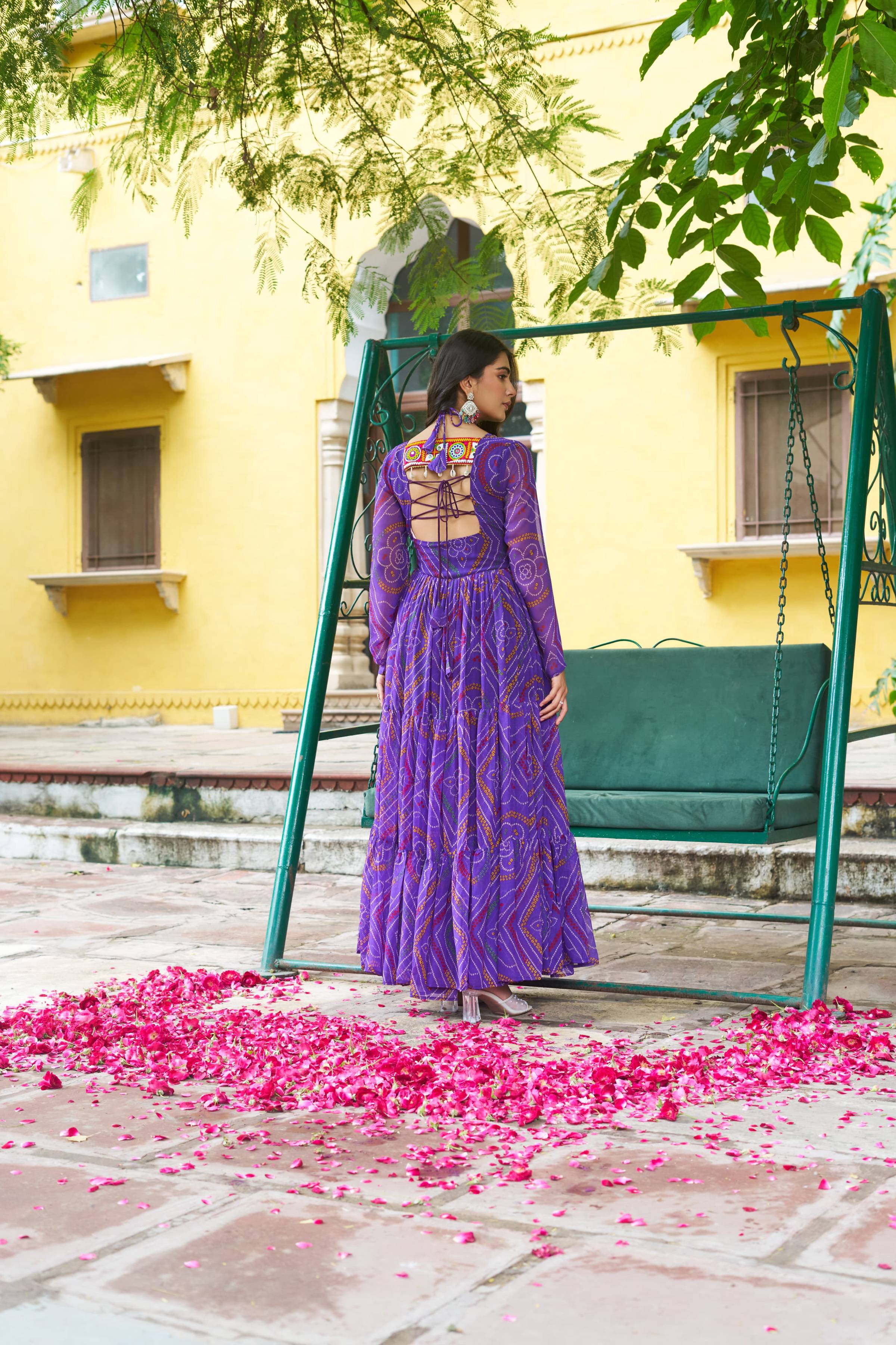 Prazu Fashion Violet Georgette Bandhani Print With Kutchi Patch work Navaratri Kurti - Distacart