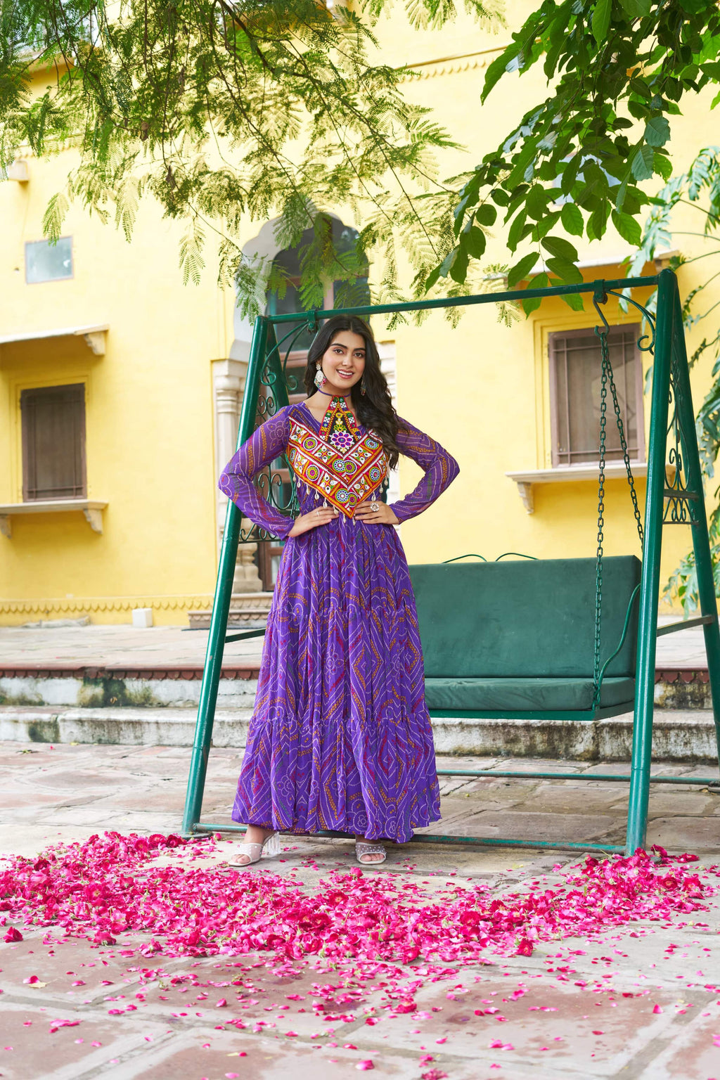 Prazu Fashion Violet Georgette Bandhani Print With Kutchi Patch work Navaratri Kurti - Distacart