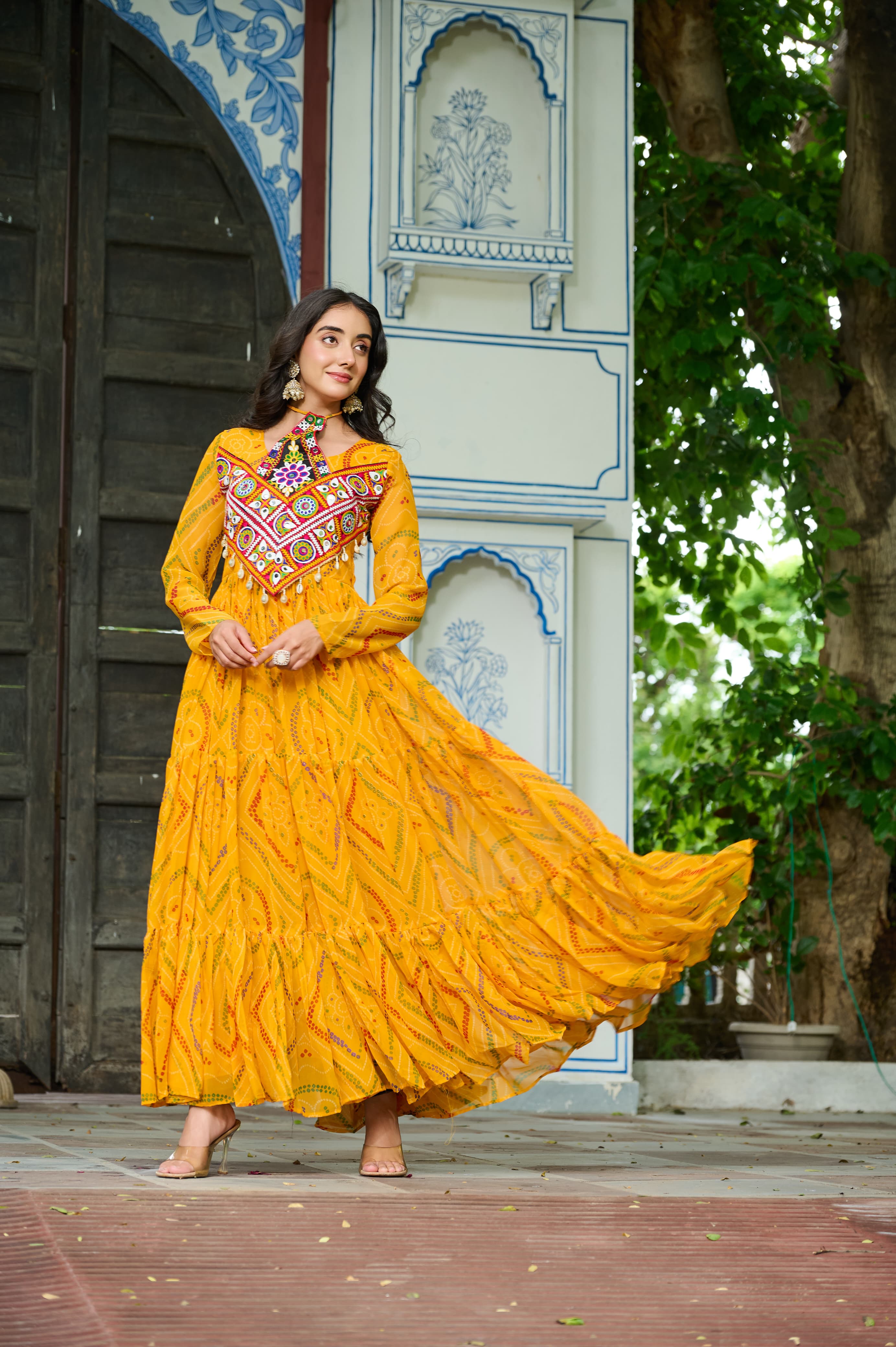Prazu Fashion Yellow Georgette Bandhani Print With Kutchi Patch work Navaratri Kurti - Distacart