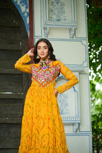 Prazu Fashion Yellow Georgette Bandhani Print With Kutchi Patch work Navaratri Kurti - Distacart