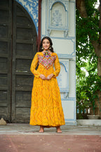 Prazu Fashion Yellow Georgette Bandhani Print With Kutchi Patch work Navaratri Kurti - Distacart