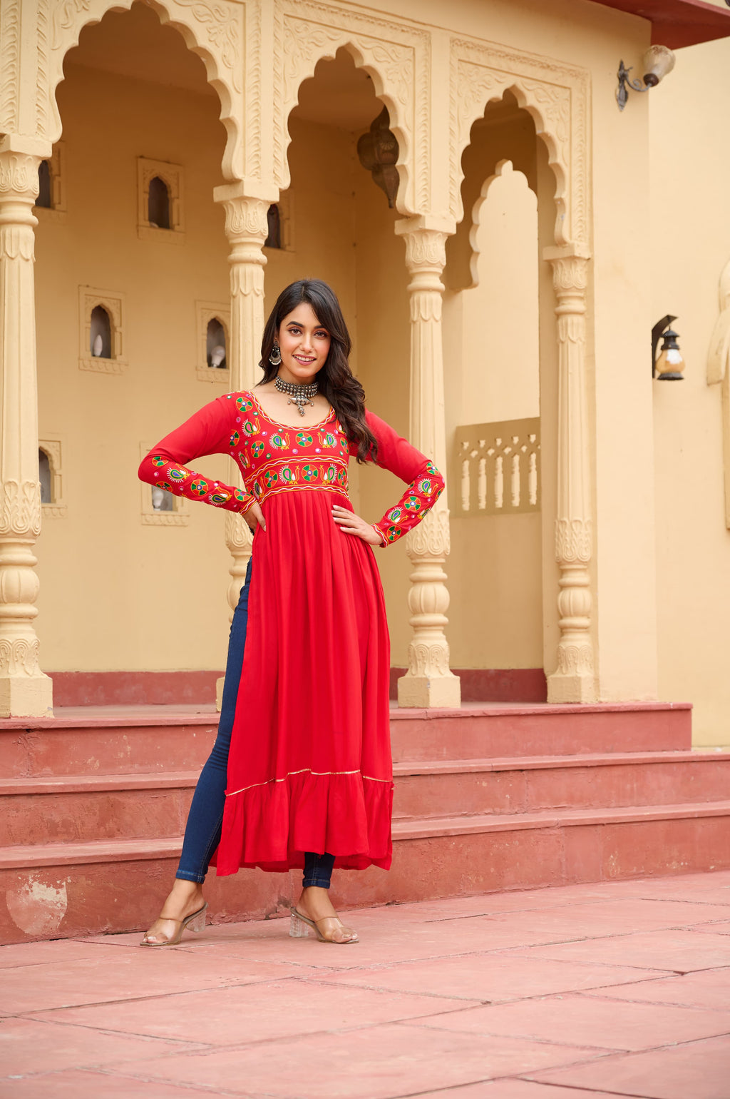 Prazu Fashion Red Rayon With Kutchi Gamthi Work Navratri Kurti - Distacart
