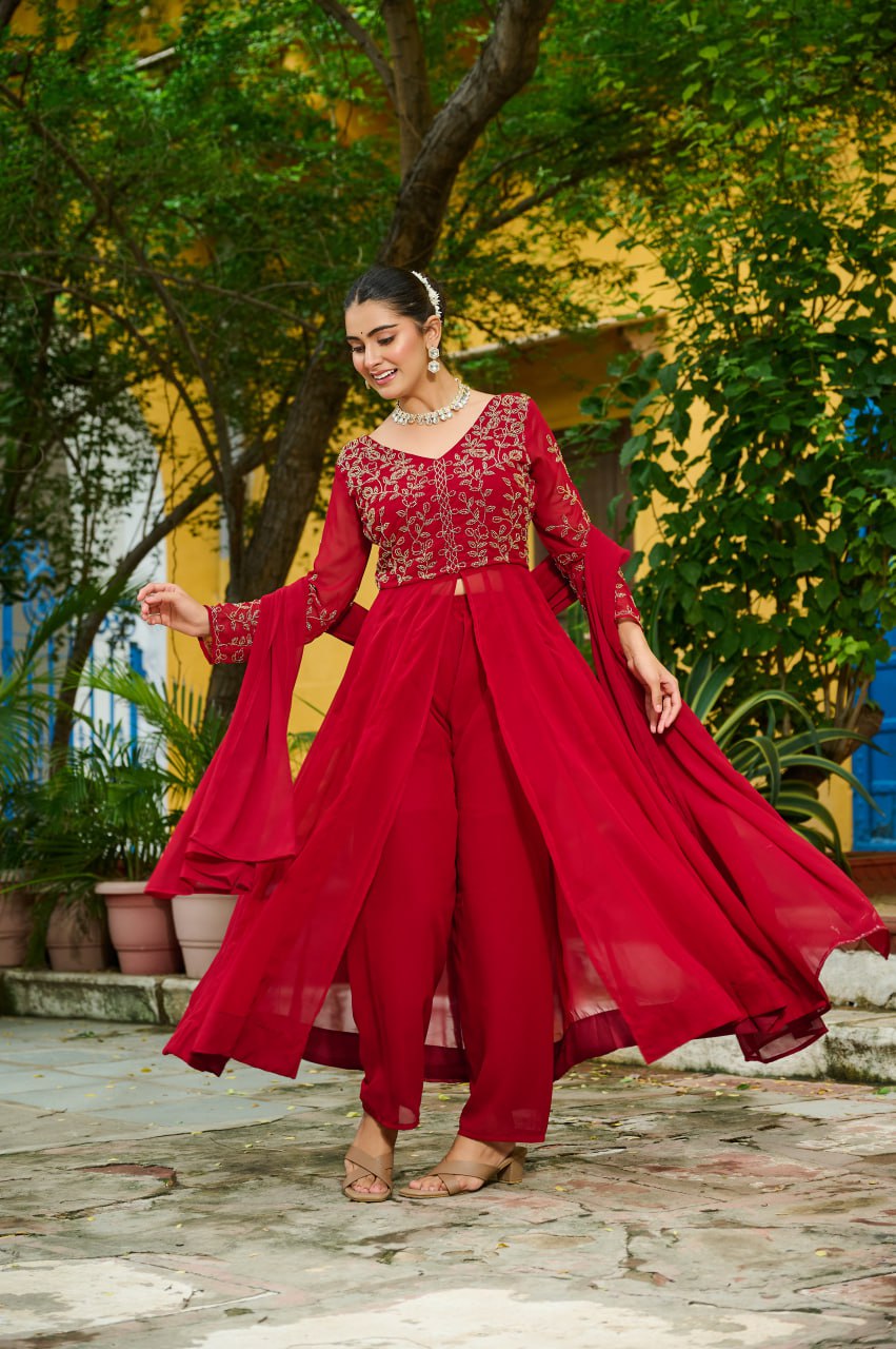Prazu Fashion Maroon Wine Georgette Multithreaded Beads Embroidered Salwar Suit - Distacart