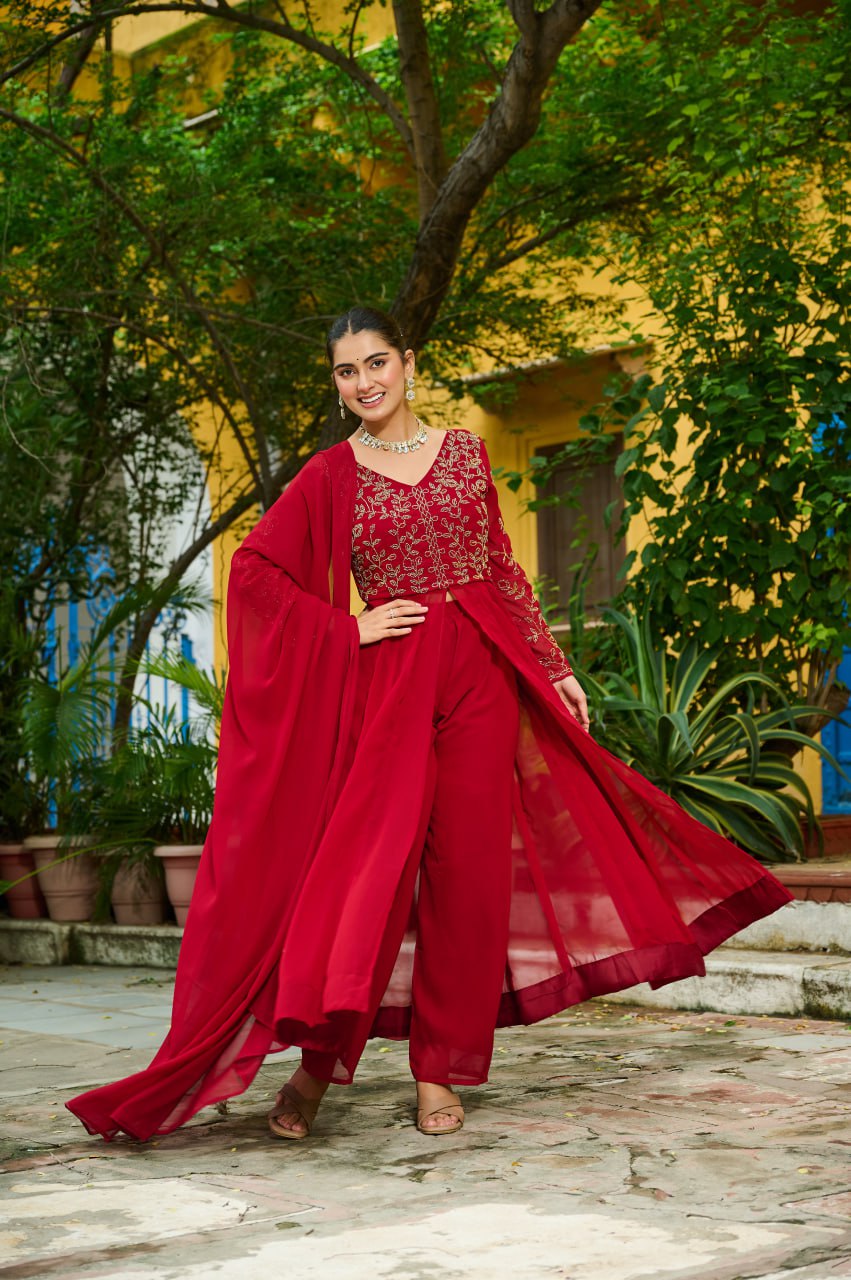 Prazu Fashion Maroon Wine Georgette Multithreaded Beads Embroidered Salwar Suit - Distacart