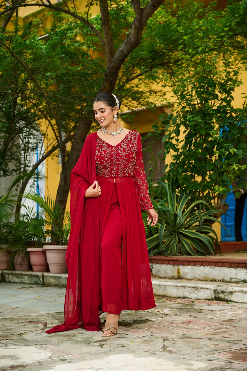 Prazu Fashion Maroon Wine Georgette Multithreaded Beads Embroidered Salwar Suit - Distacart