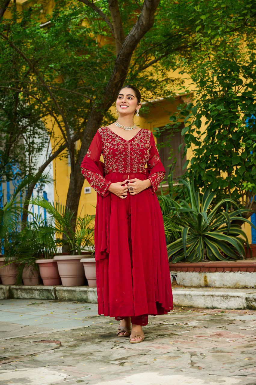 Prazu Fashion Maroon Wine Georgette Multithreaded Beads Embroidered Salwar Suit - Distacart