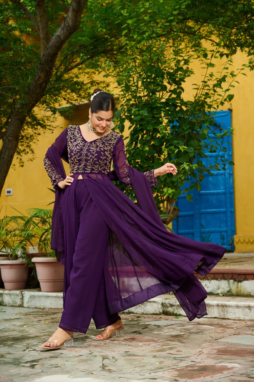 Prazu Fashion Wine Georgette Multithreaded Beads Embroidered Salwar Suit - Distacart