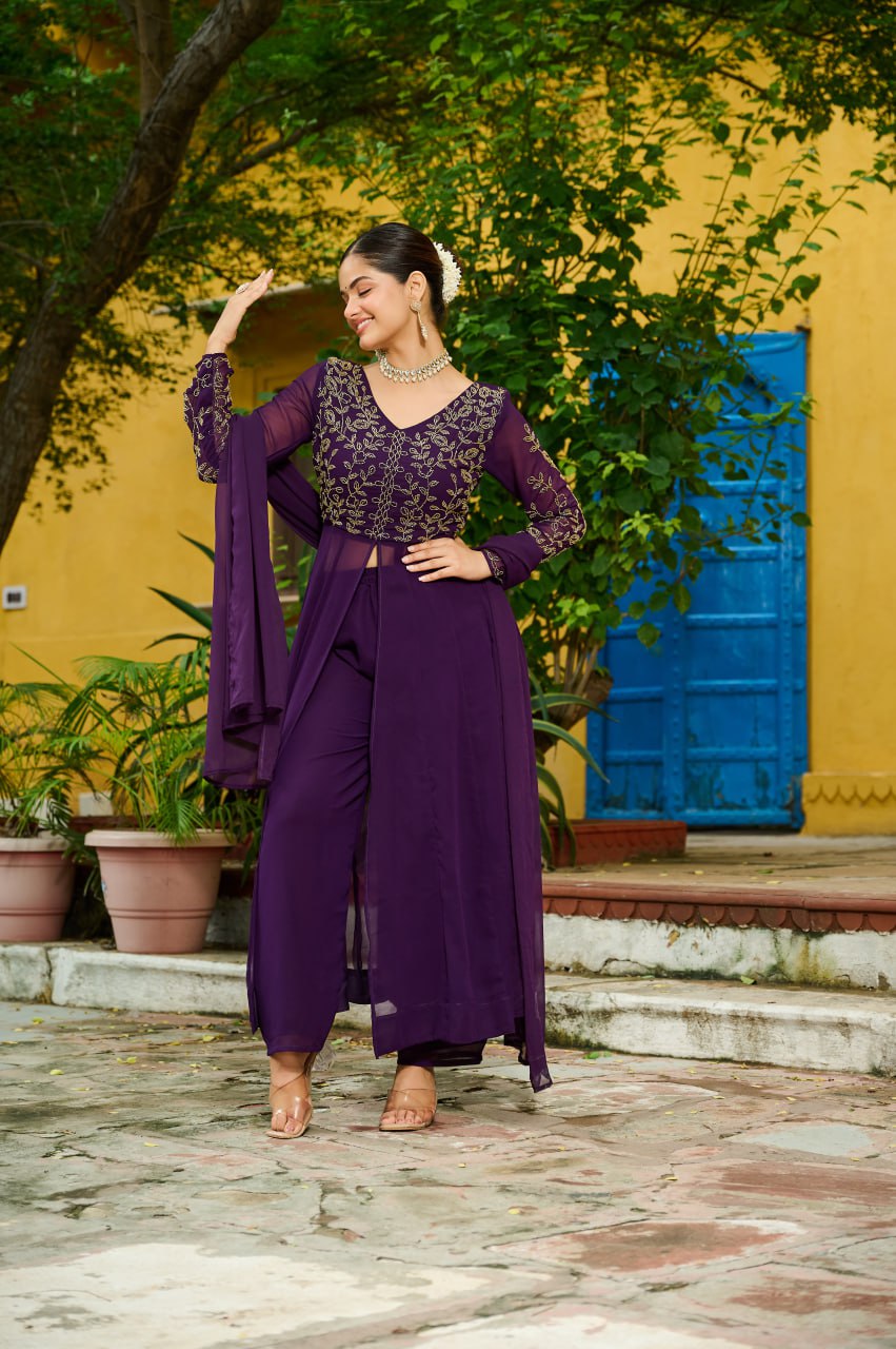Prazu Fashion Wine Georgette Multithreaded Beads Embroidered Salwar Suit - Distacart