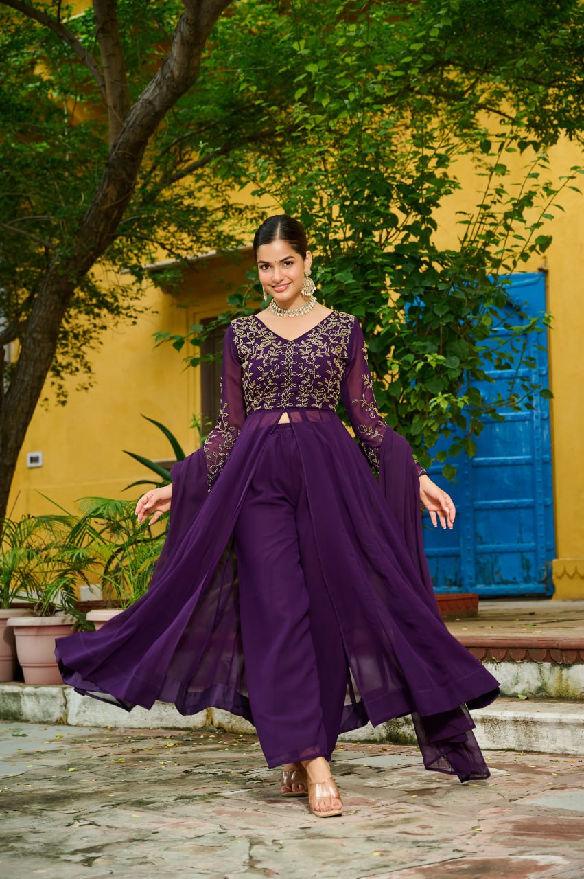Prazu Fashion Wine Georgette Multithreaded Beads Embroidered Salwar Suit - Distacart