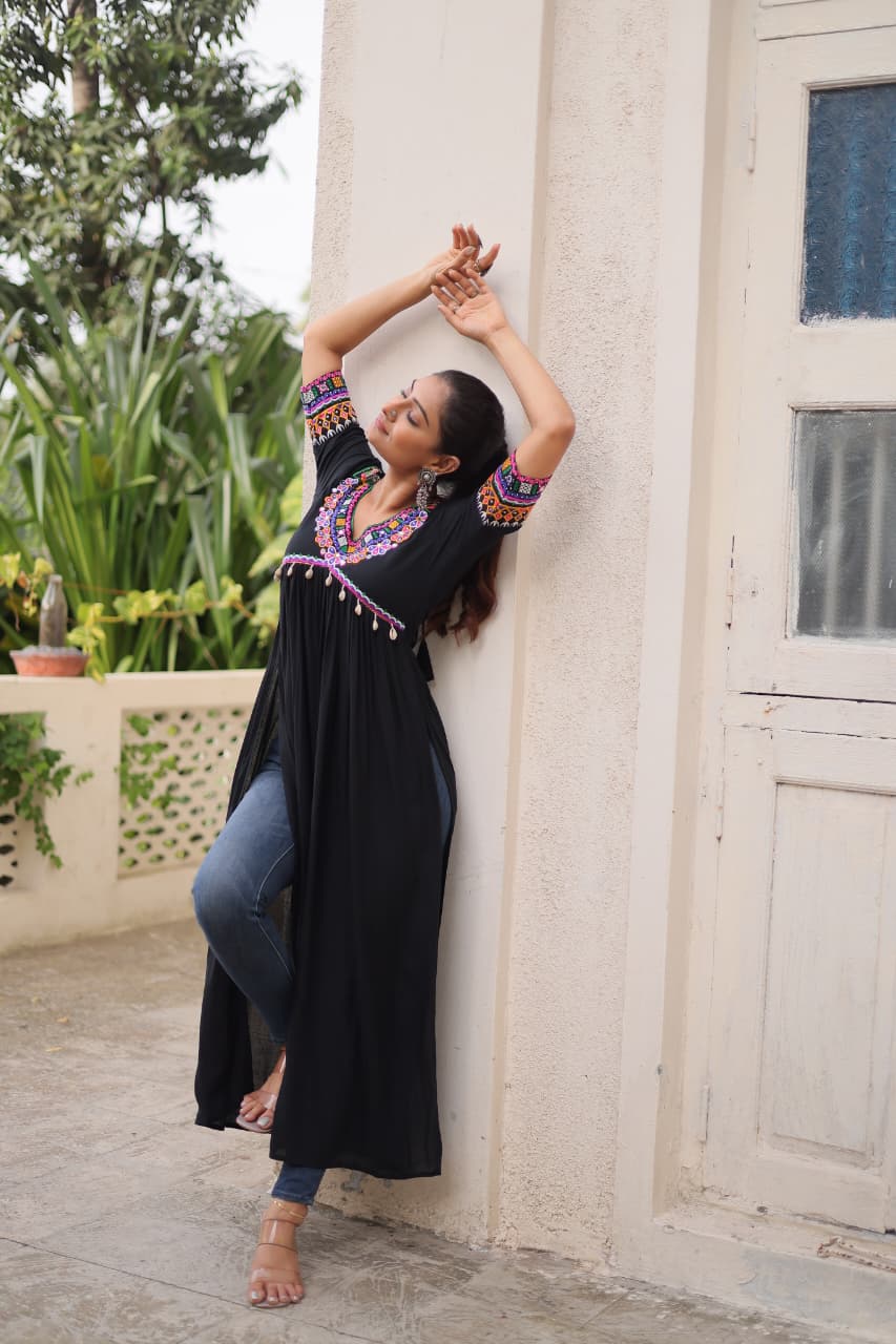 Prazu Fashion Black Rayon With Kutchi Gamthi Work Navratri Kurti - Distacart