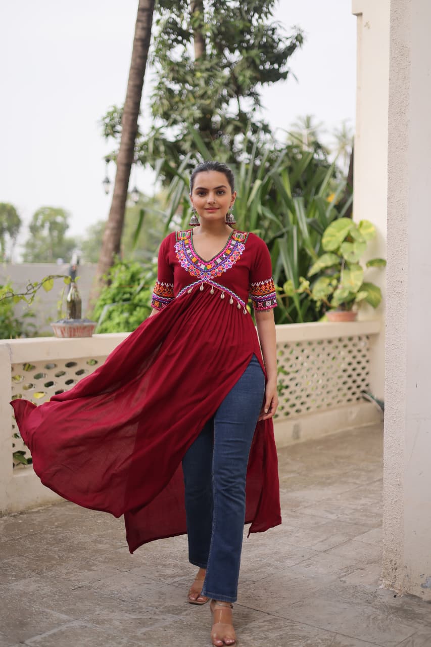 Prazu Fashion Maroon Rayon With Kutchi Gamthi Work Navratri Kurti - Distacart