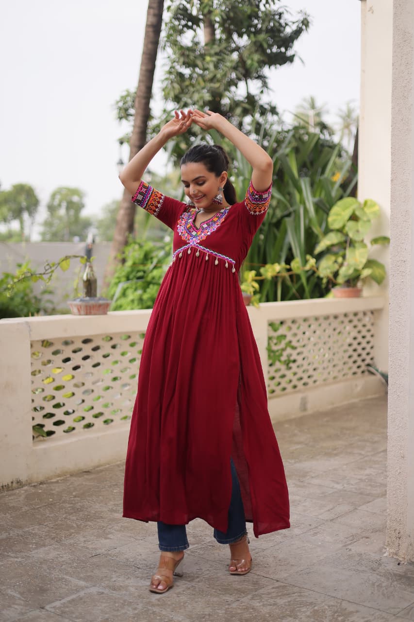 Prazu Fashion Maroon Rayon With Kutchi Gamthi Work Navratri Kurti - Distacart