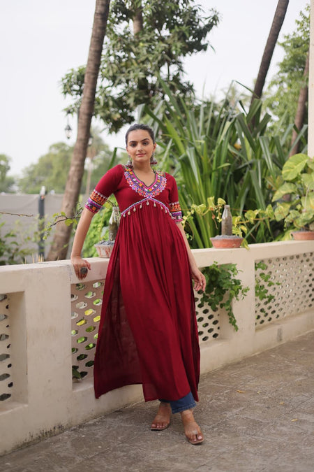 Prazu Fashion Maroon Rayon With Kutchi Gamthi Work Navratri Kurti