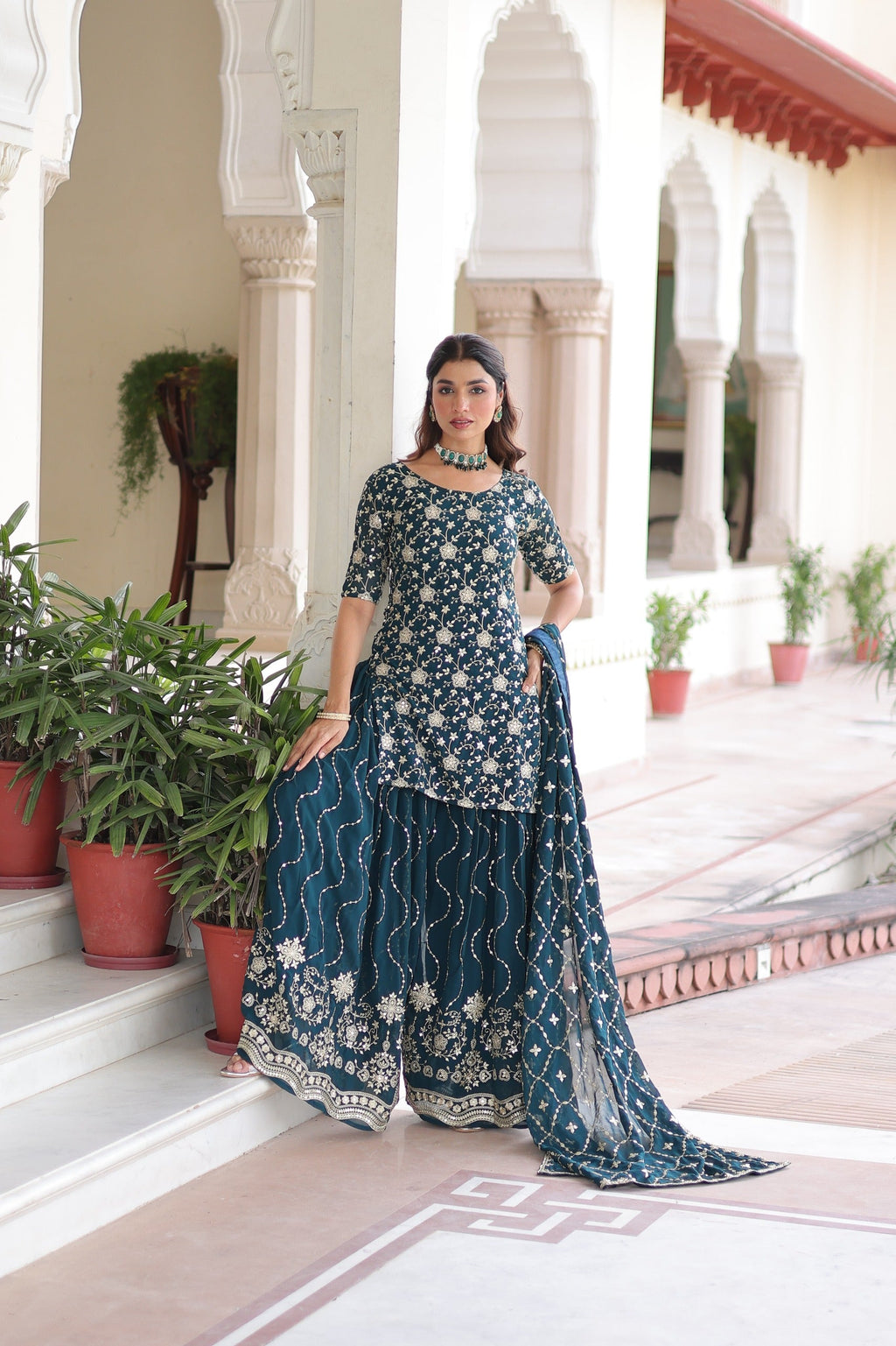 Prazu Fashion Blue Georgette With Rich Sequins Embroidered Work Sharara Suit - Distacart