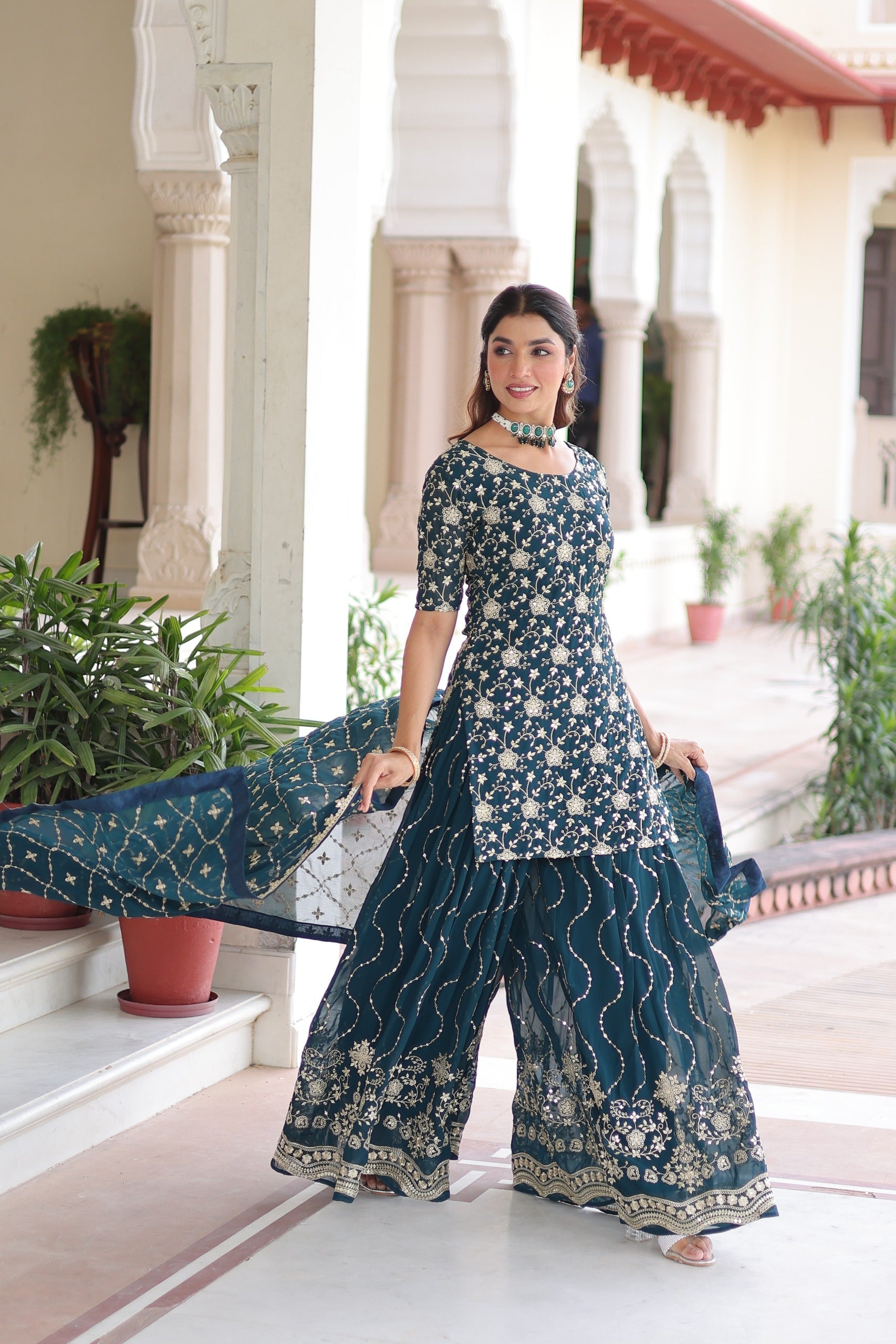 Prazu Fashion Blue Georgette With Rich Sequins Embroidered Work Sharara Suit - Distacart