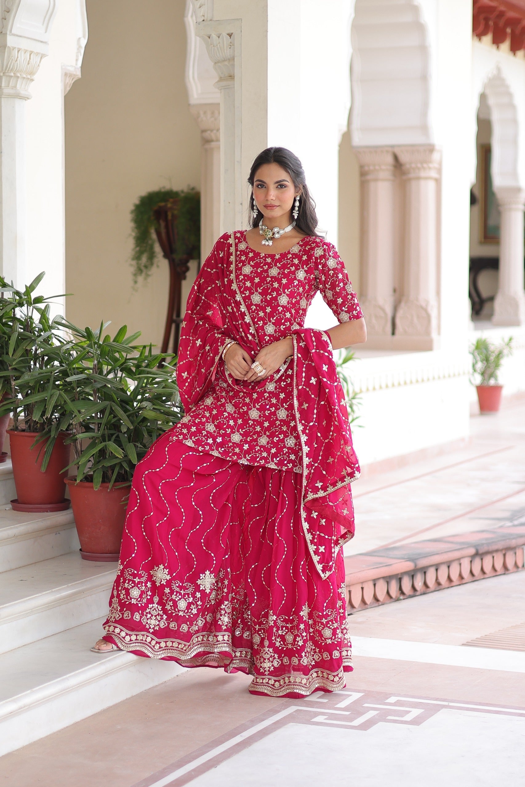 Prazu Fashion Pink Georgette With Rich Sequins Embroidered Work Sharara Suit - Distacart