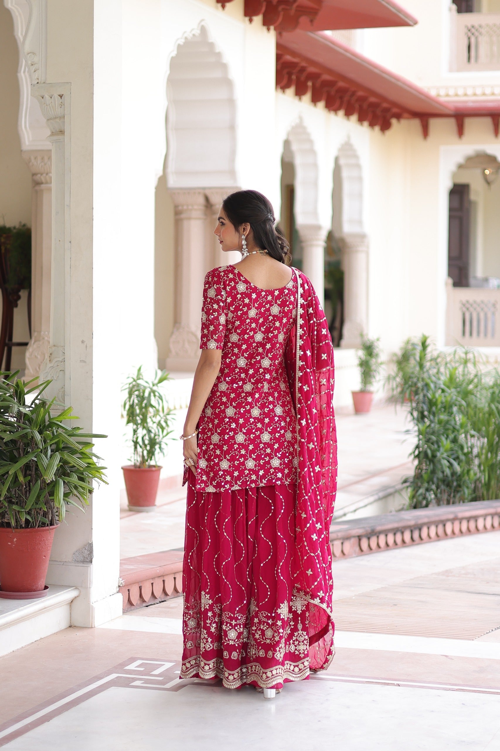 Prazu Fashion Pink Georgette With Rich Sequins Embroidered Work Sharara Suit - Distacart
