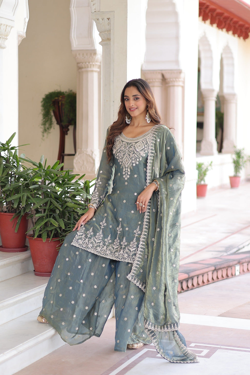 Prazu Fashion Light Grey Fendi Silk Coding Sequins Embroidered Work Sharara Suit - Distacart