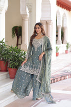 Prazu Fashion Light Grey Fendi Silk Coding Sequins Embroidered Work Sharara Suit - Distacart