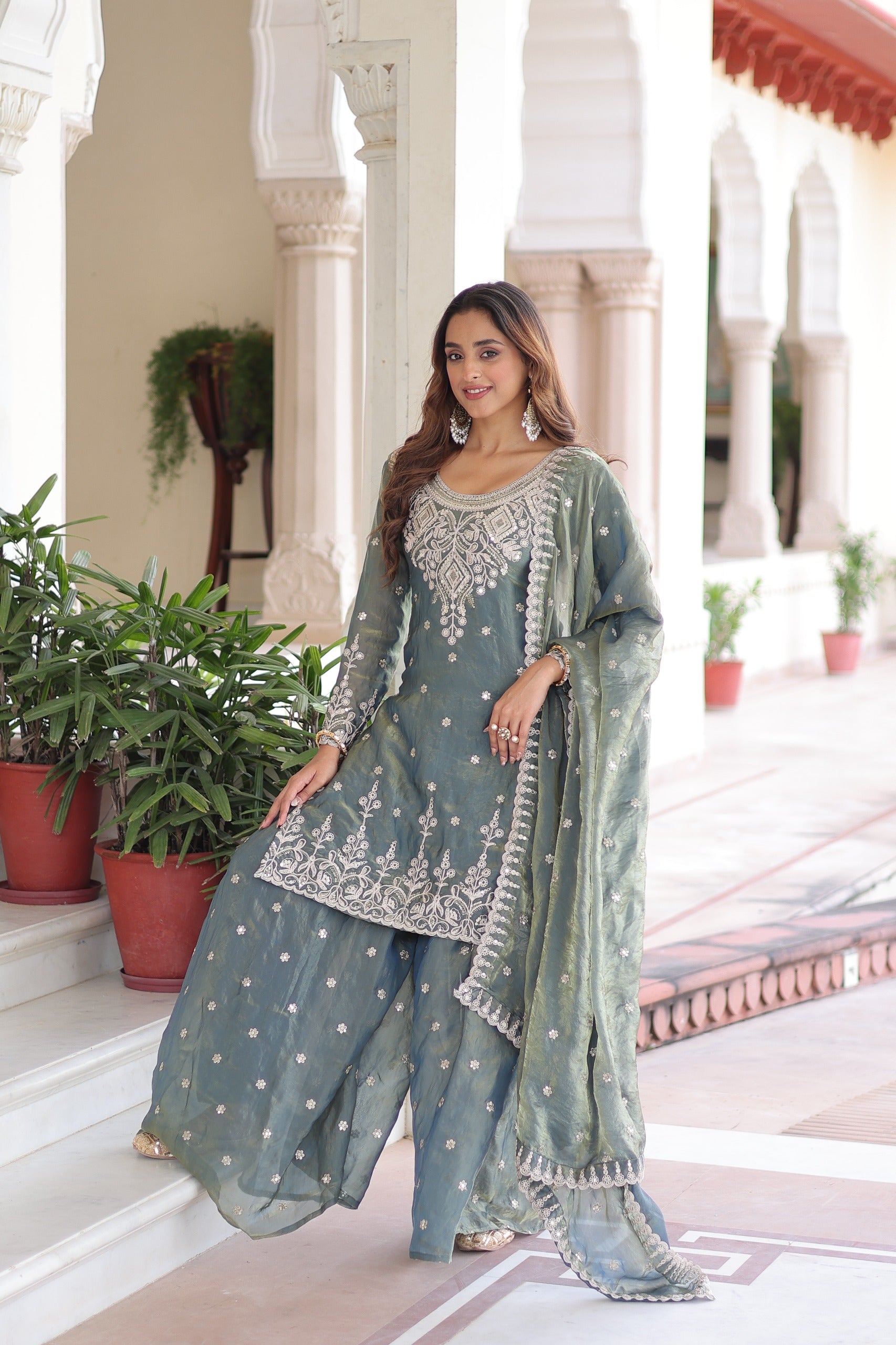 Prazu Fashion Light Grey Fendi Silk Coding Sequins Embroidered Work Sharara Suit - Distacart